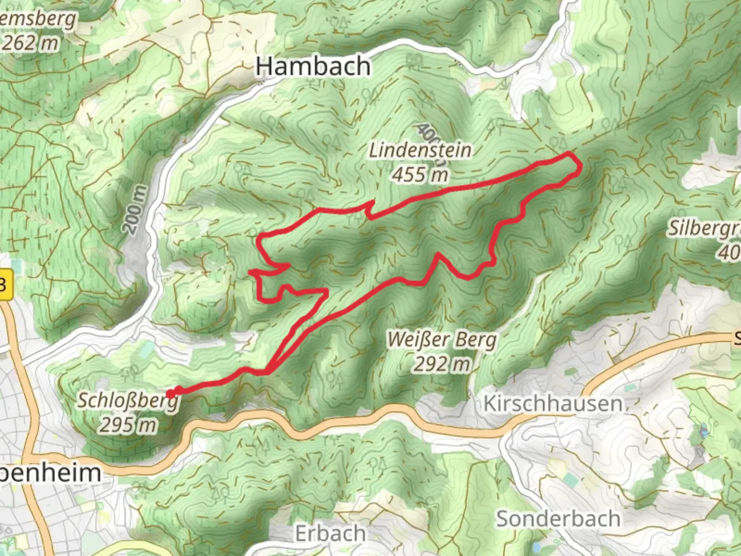 An image depicting the trail Odenwald Vogesen Weg Teil and Hambacher Grenzweg and its surrounding area.