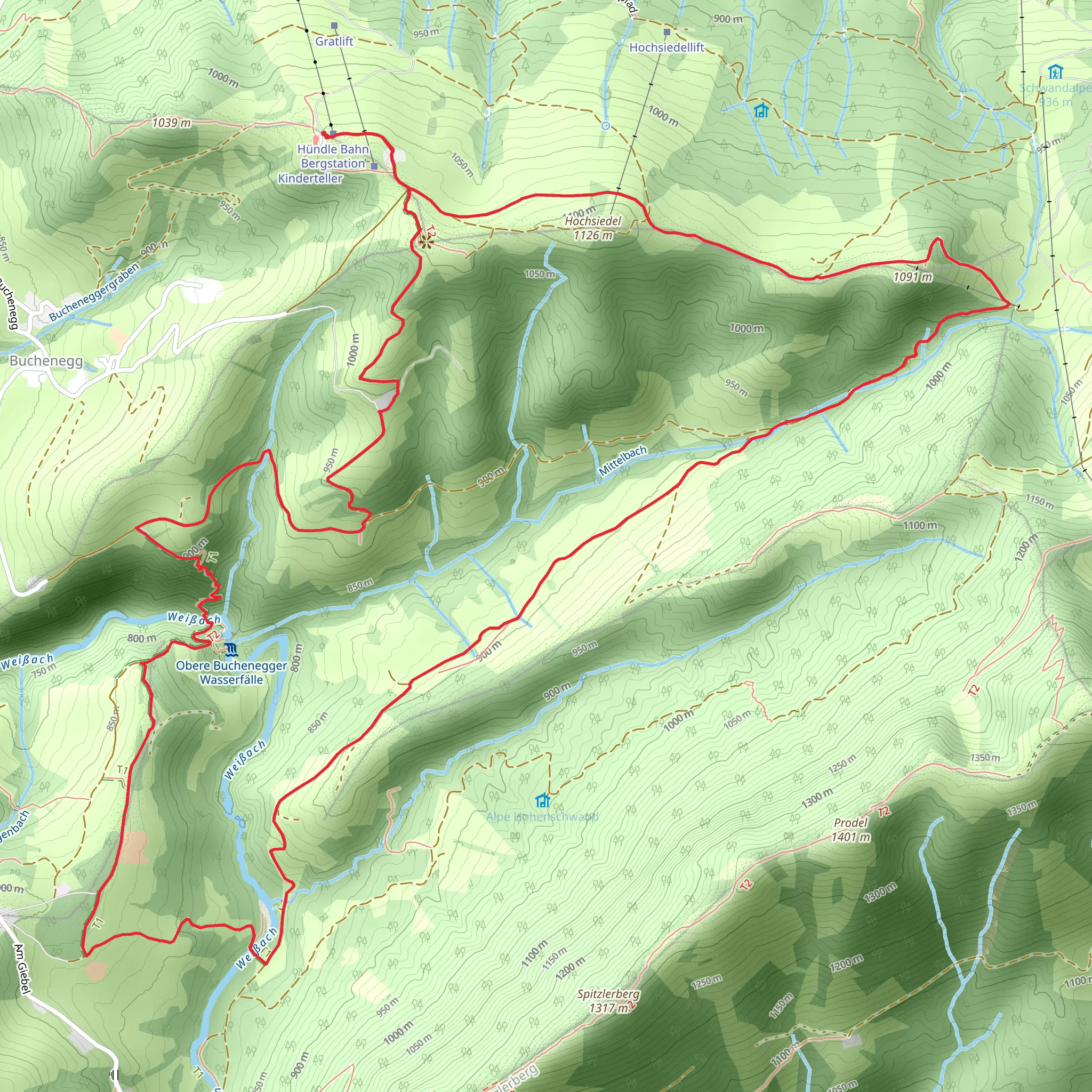 Hochsiedelalpe, Buchenegger Wasserfalle and Hundlekopf Loop via Wandergebiet Oberstaufen mobile static map