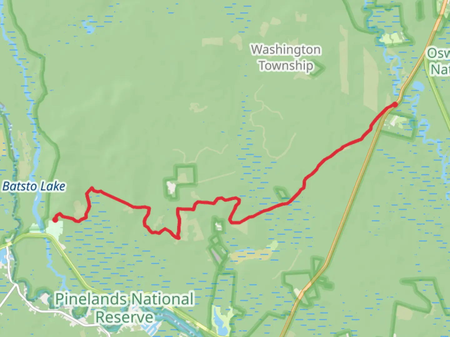 An image depicting the trail Batona Trail - Batsto and its surrounding area.
