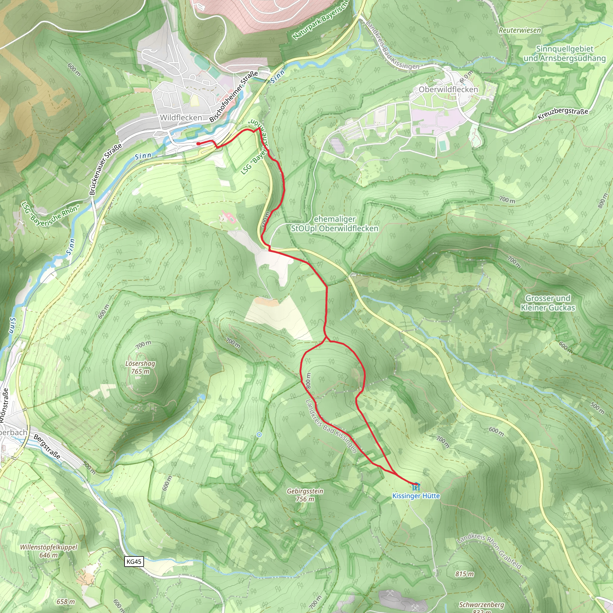 Feuerberg via Kreuzbergweg and Rhoen Hoehenweg mobile static map