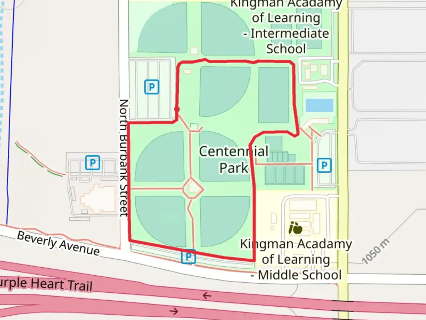 An image depicting the trail Centennial Park Loop and its surrounding area.