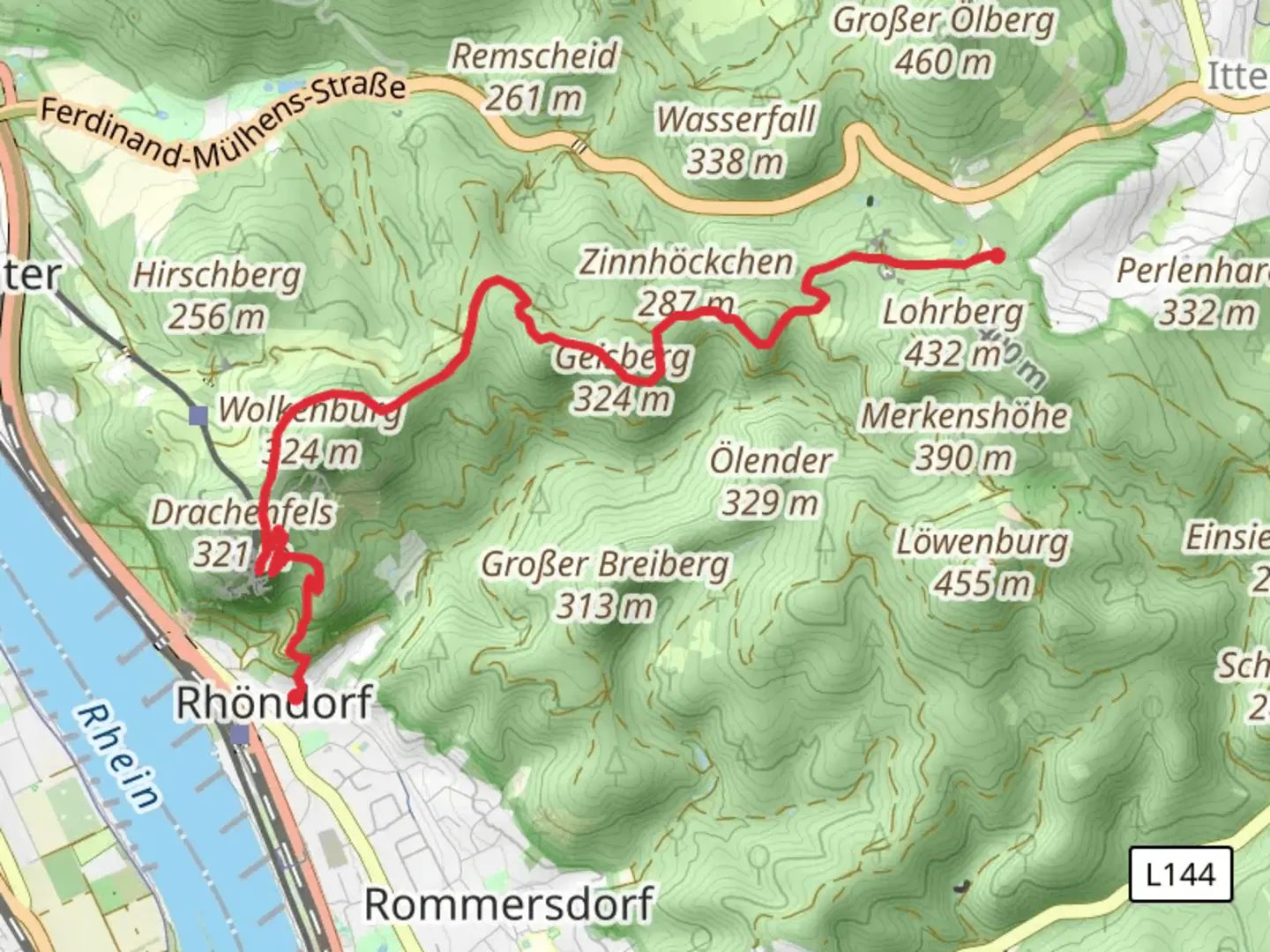 An image depicting the trail Löwenburgblick, Geisberg and Drachenfeis from Lahr to Rhondorf and its surrounding area.