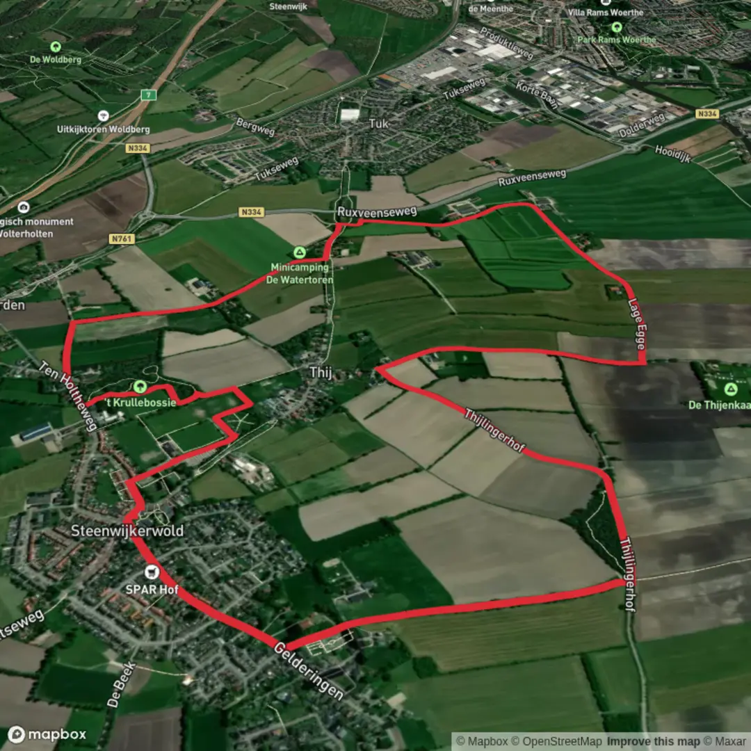An image depicting the trail Thijlingerhof and Krullebossie Loop and its surrounding area.