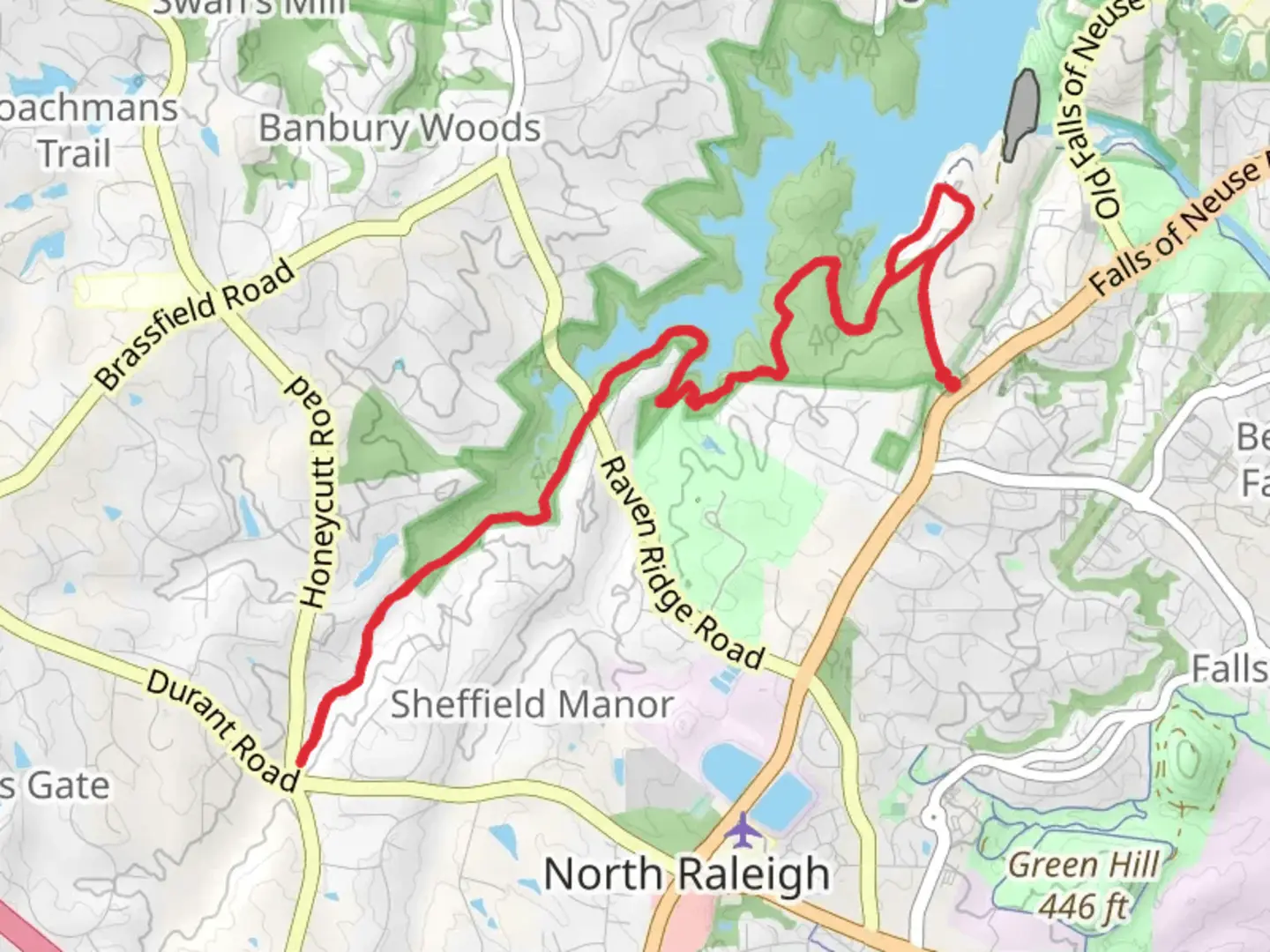 An image depicting the trail Honeycutt Creek Greenway and Long Leaf Trail and its surrounding area.