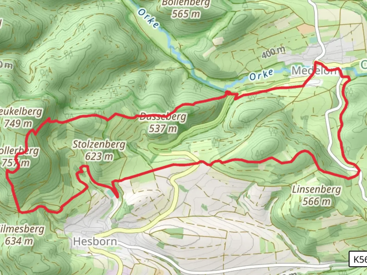 An image depicting the trail Bollerberg via Robert Koelb Weg and Sauerland Hoehenflug and its surrounding area.