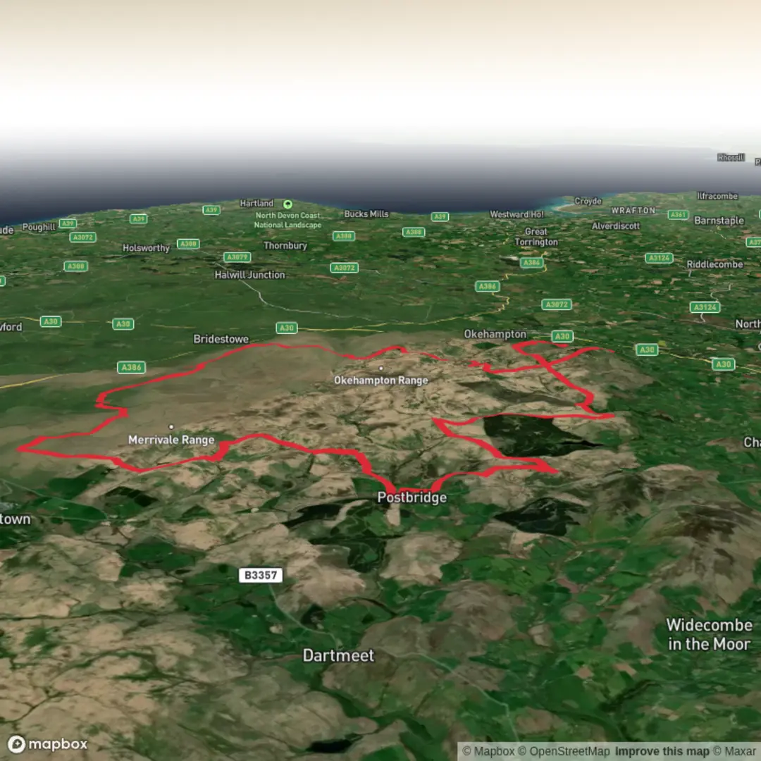 An image depicting the trail Ten Tors 45 Mile and its surrounding area.