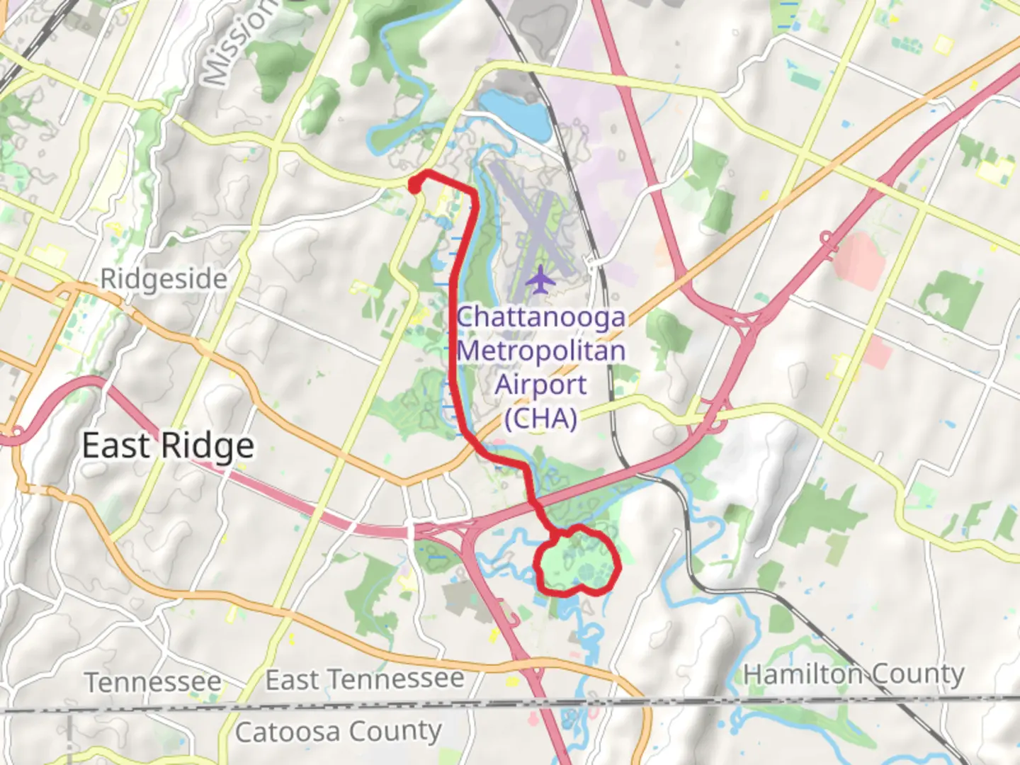 An image depicting the trail South Chickamauga Creek Greenway Out and Back and its surrounding area.