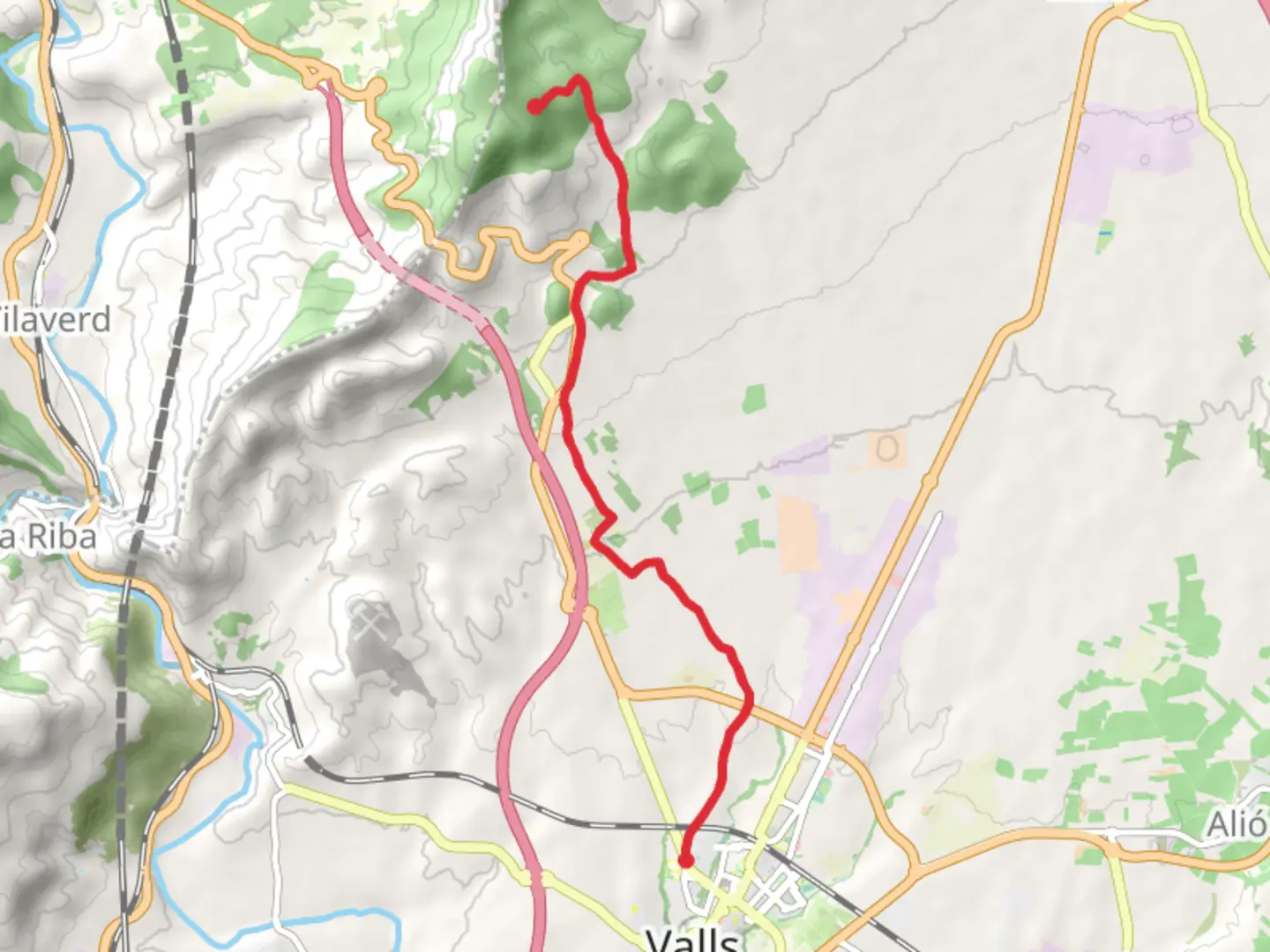 An image depicting the trail Valls - Sierra de Miramar PR C 5 and its surrounding area.