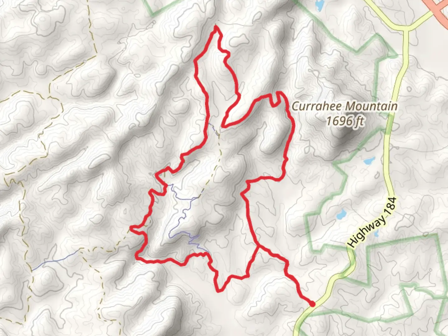An image depicting the trail Leatherwood Creek, Latham Cemetary and Frady Branch Loop and its surrounding area.