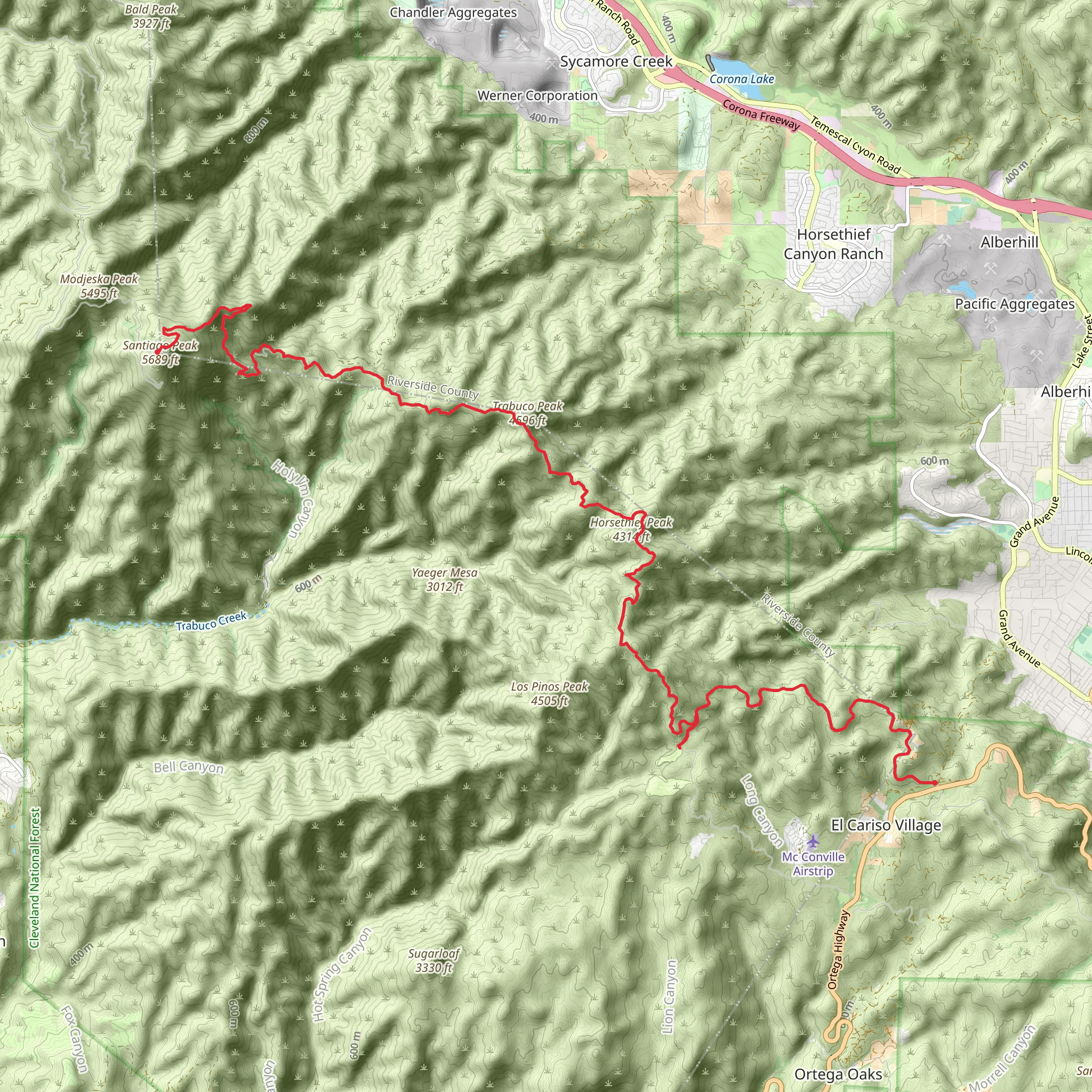 Trabuco, Horsethief and Santiago Peaks - North Main Divide Road mobile static map