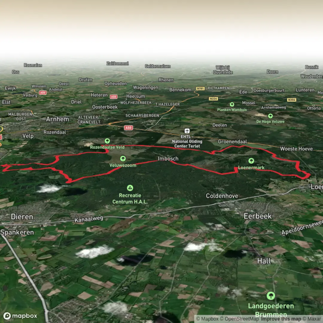 An image depicting the trail Veluwezoom and Loenermark via Lange Juffer and its surrounding area.