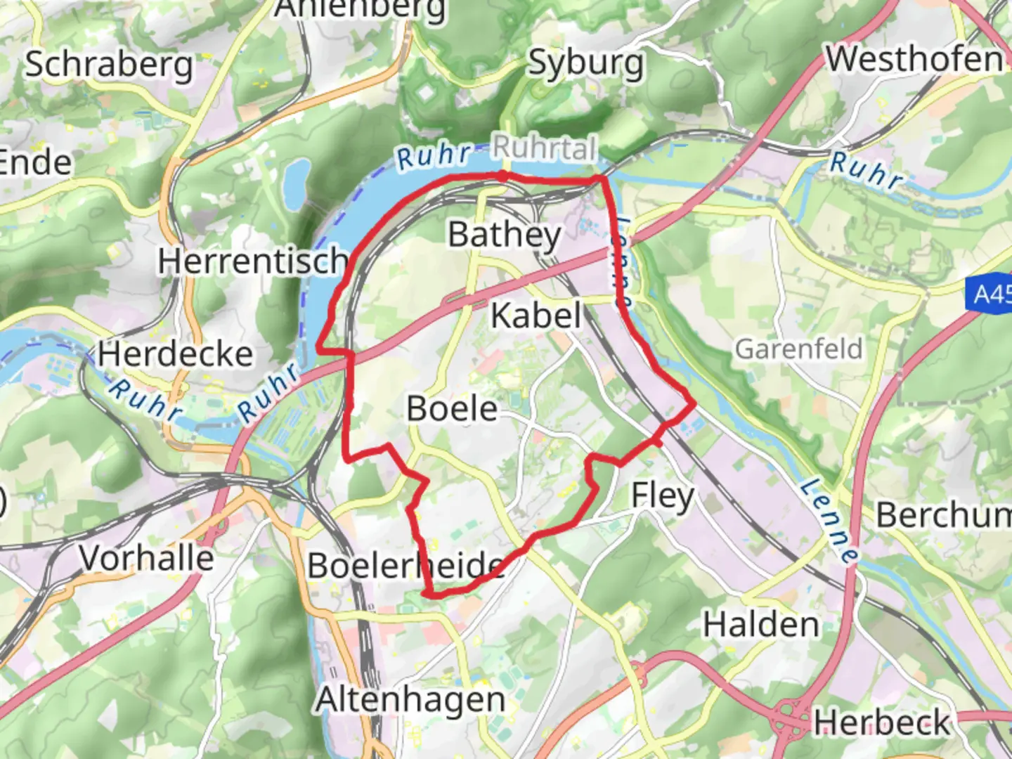 An image depicting the trail Rund um Boele B and its surrounding area.