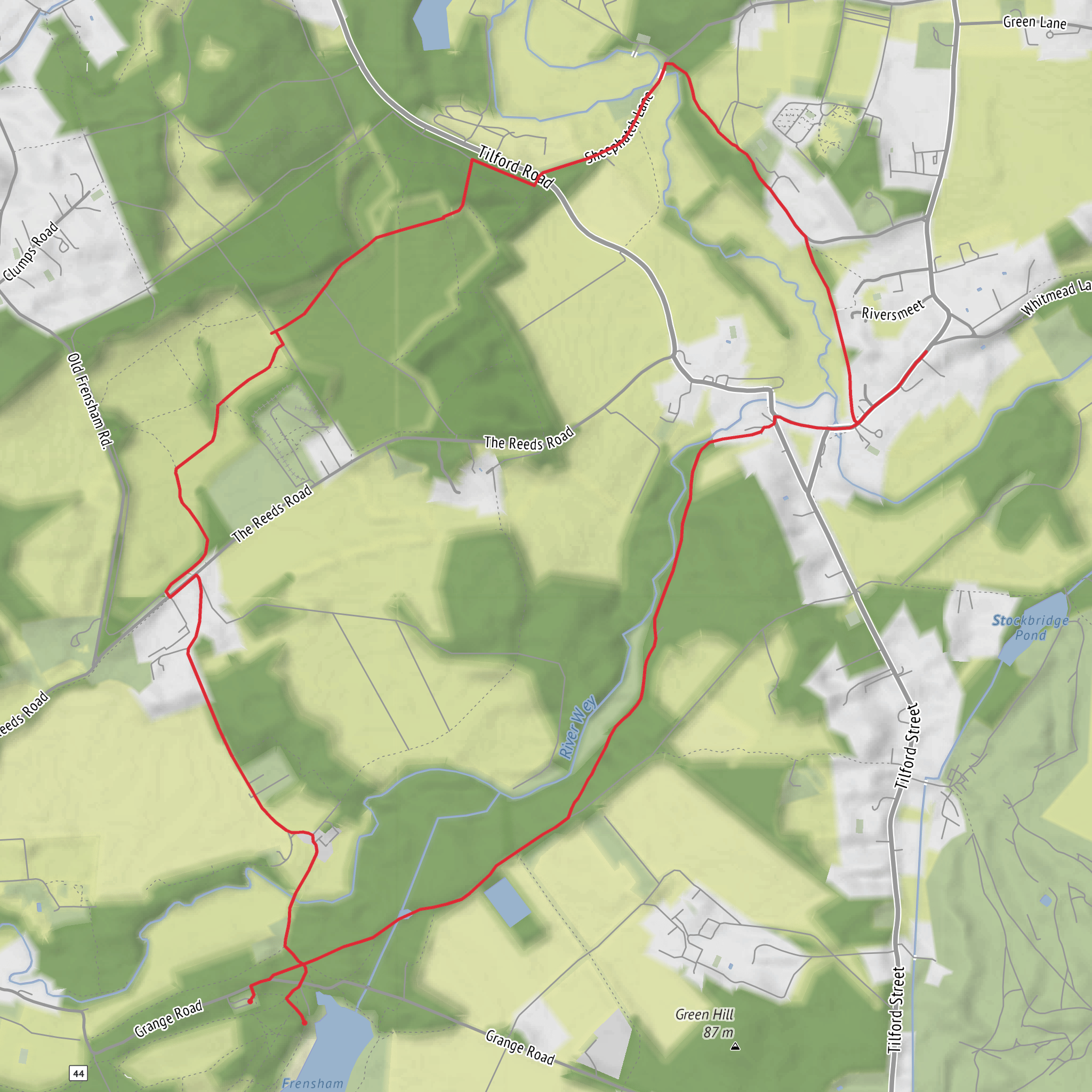 Hike from Frensham, Tilford, Sheephatch and Squires Loop mobile static map