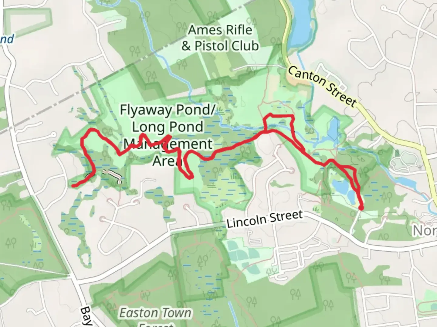 An image depicting the trail Flyaway Pond Long Pond Management Area Trail from Town Pool and its surrounding area.