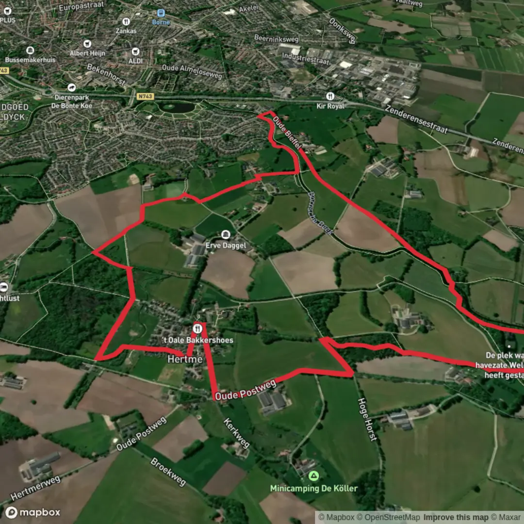 An image depicting the trail Hertemerveld and Kolklanden via Hertmer Weg and Oude Post Weg and its surrounding area.