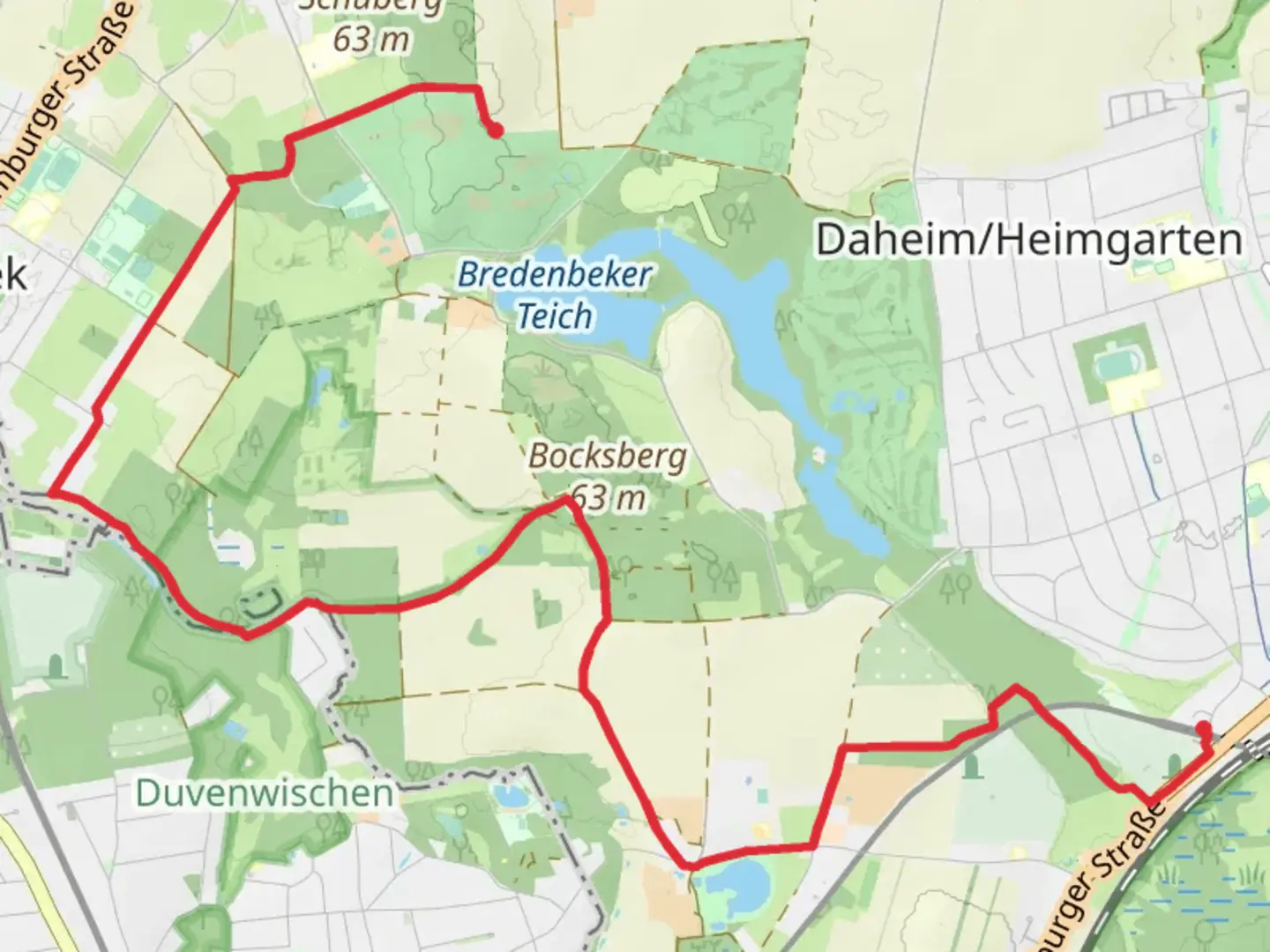 An image depicting the trail Tannenberg to Ahrensburg West via Volksdorfer Rundwanderweg and Lottbeker Teich and its surrounding area.
