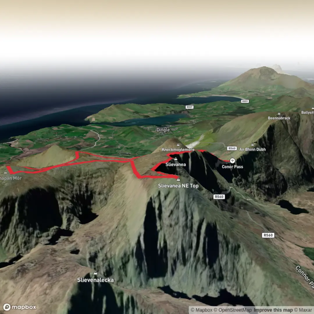 An image depicting the trail Conor Pass - An Cnapán Mór and its surrounding area.