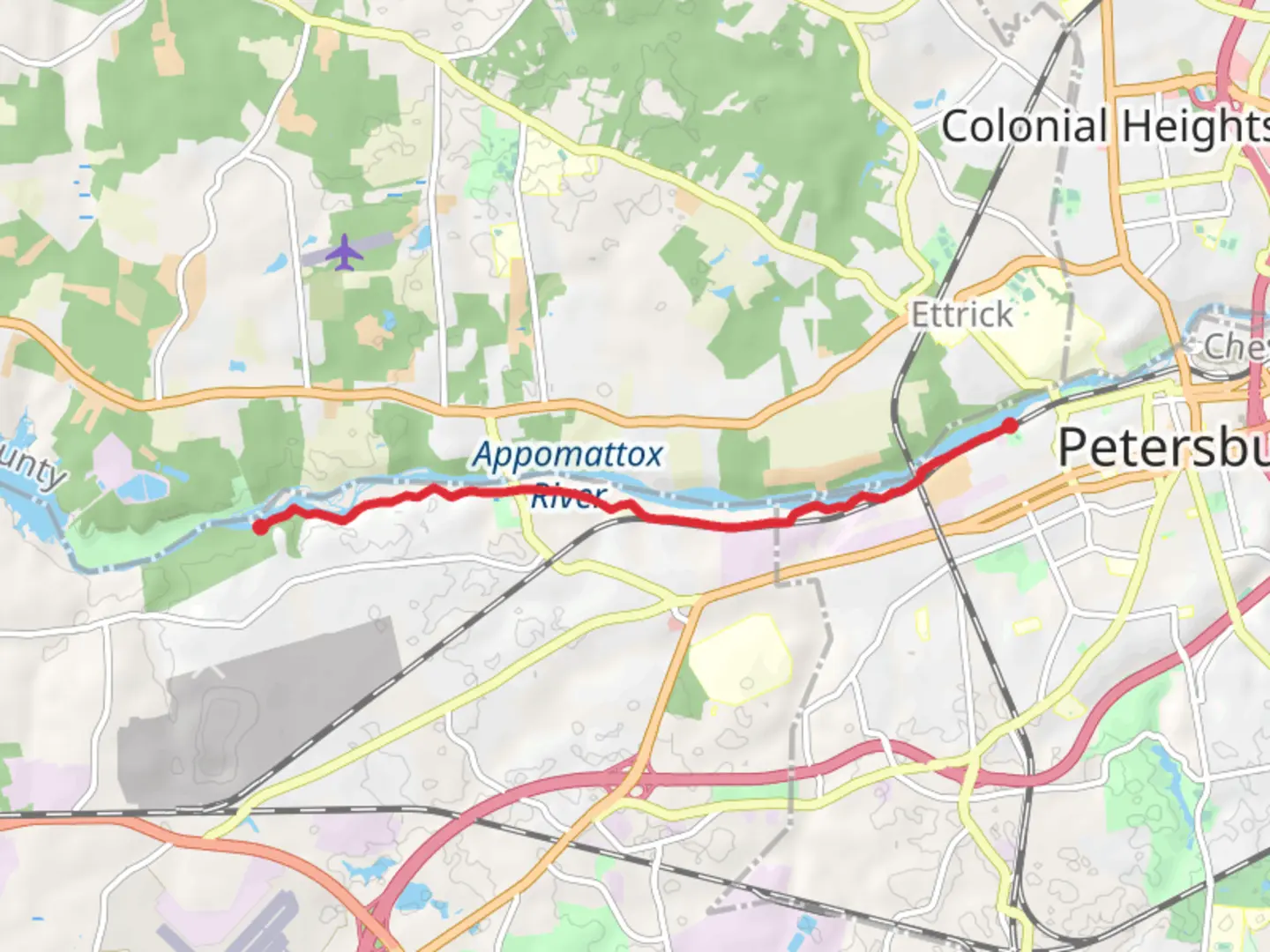 An image depicting the trail Appomattox Riverside via Folar Path and its surrounding area.