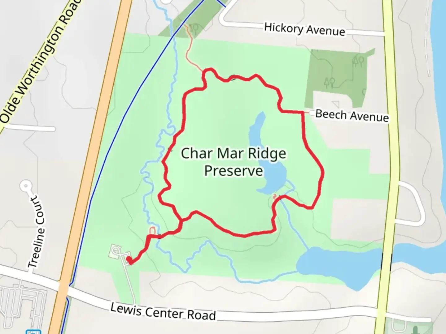 An image depicting the trail Char Mar Ridge Preserve Loop and its surrounding area.