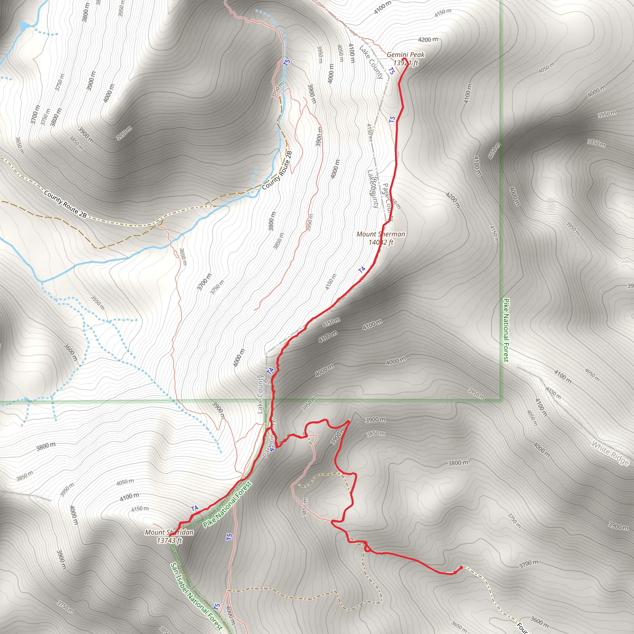 Mount Sheridan, Mount Sherman and Gemini Peak via Four Mile Creek Road mobile static map