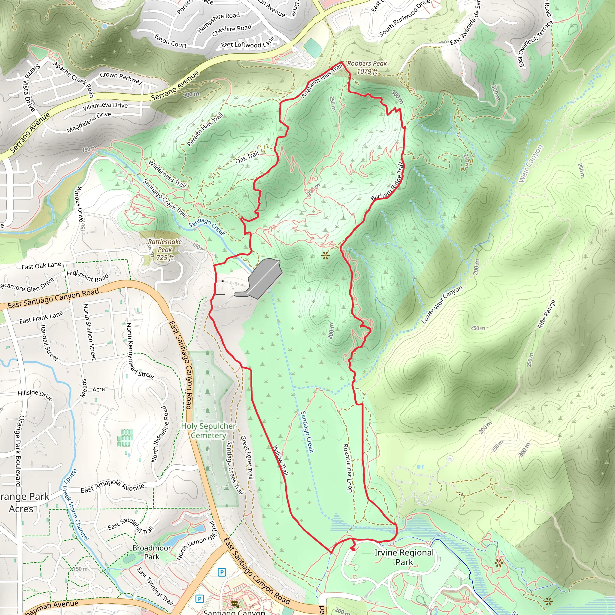 Santiago Creek, Anaheim Hill and Roadrunner Loop Trail mobile static map