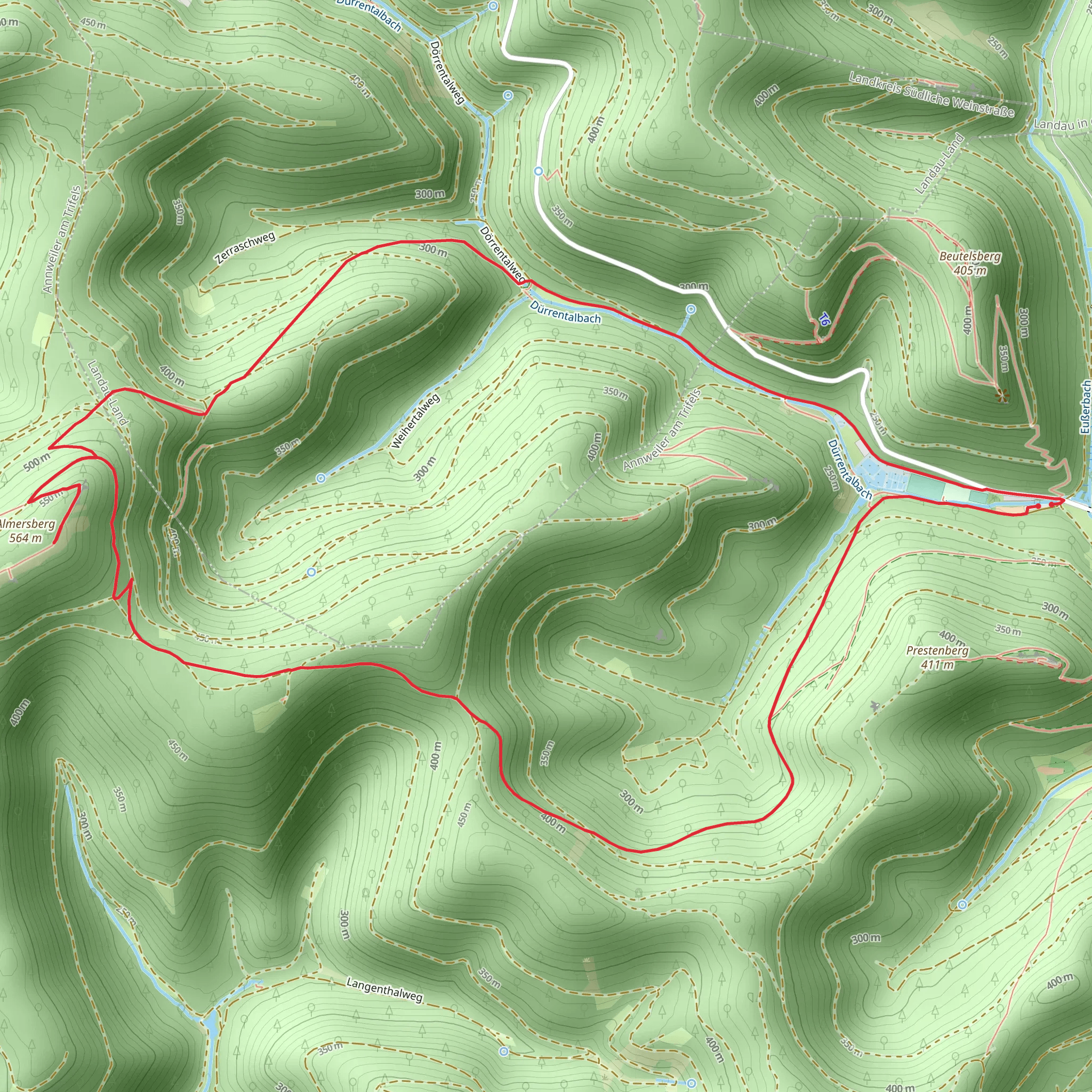 Almersberg via Pfaelzerwald Roter Punkt and Pfaelzerwald Blauer Balken mobile static map