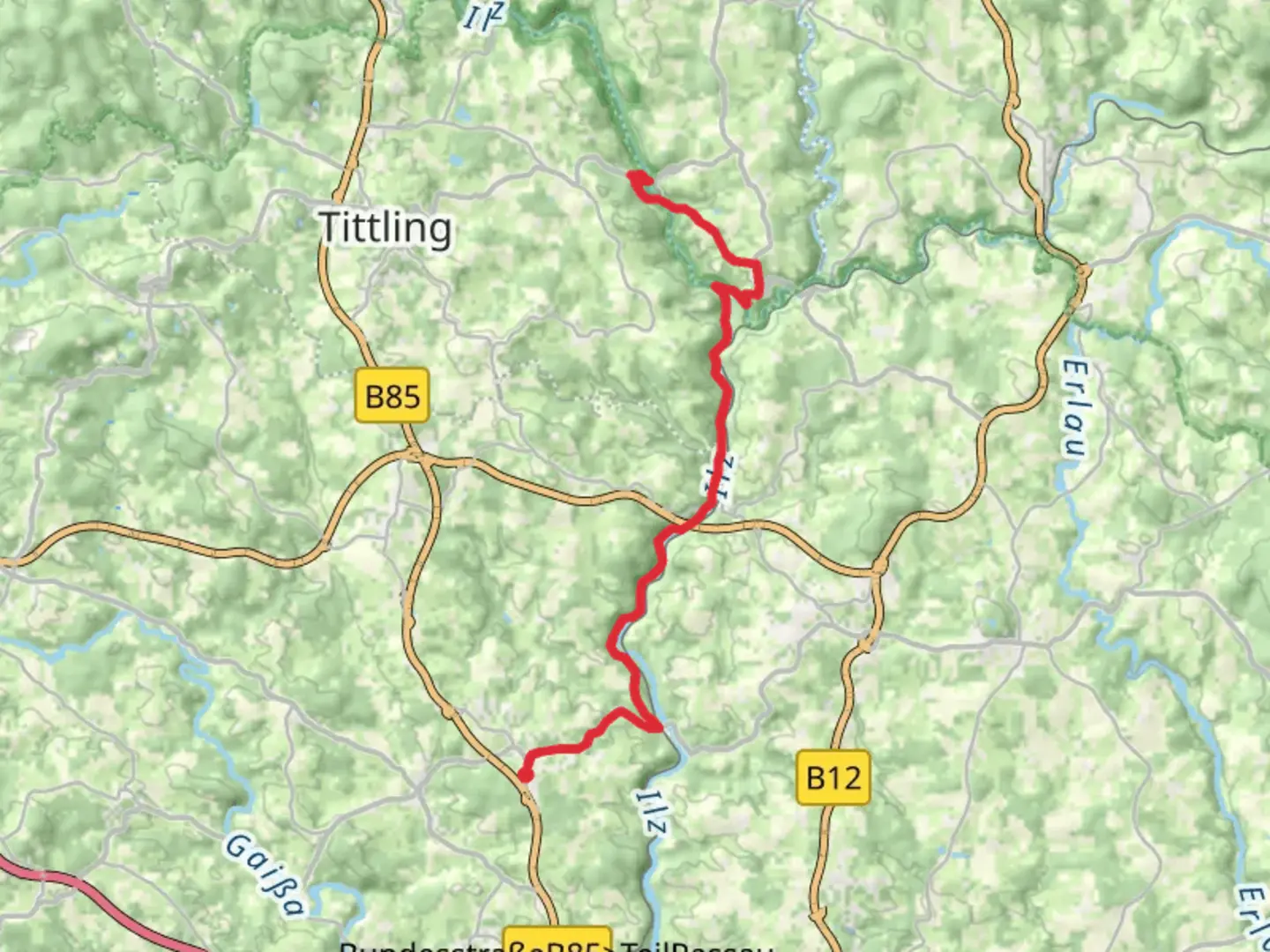An image depicting the trail Schrottenbaummuhle to Ruderting Walk and its surrounding area.