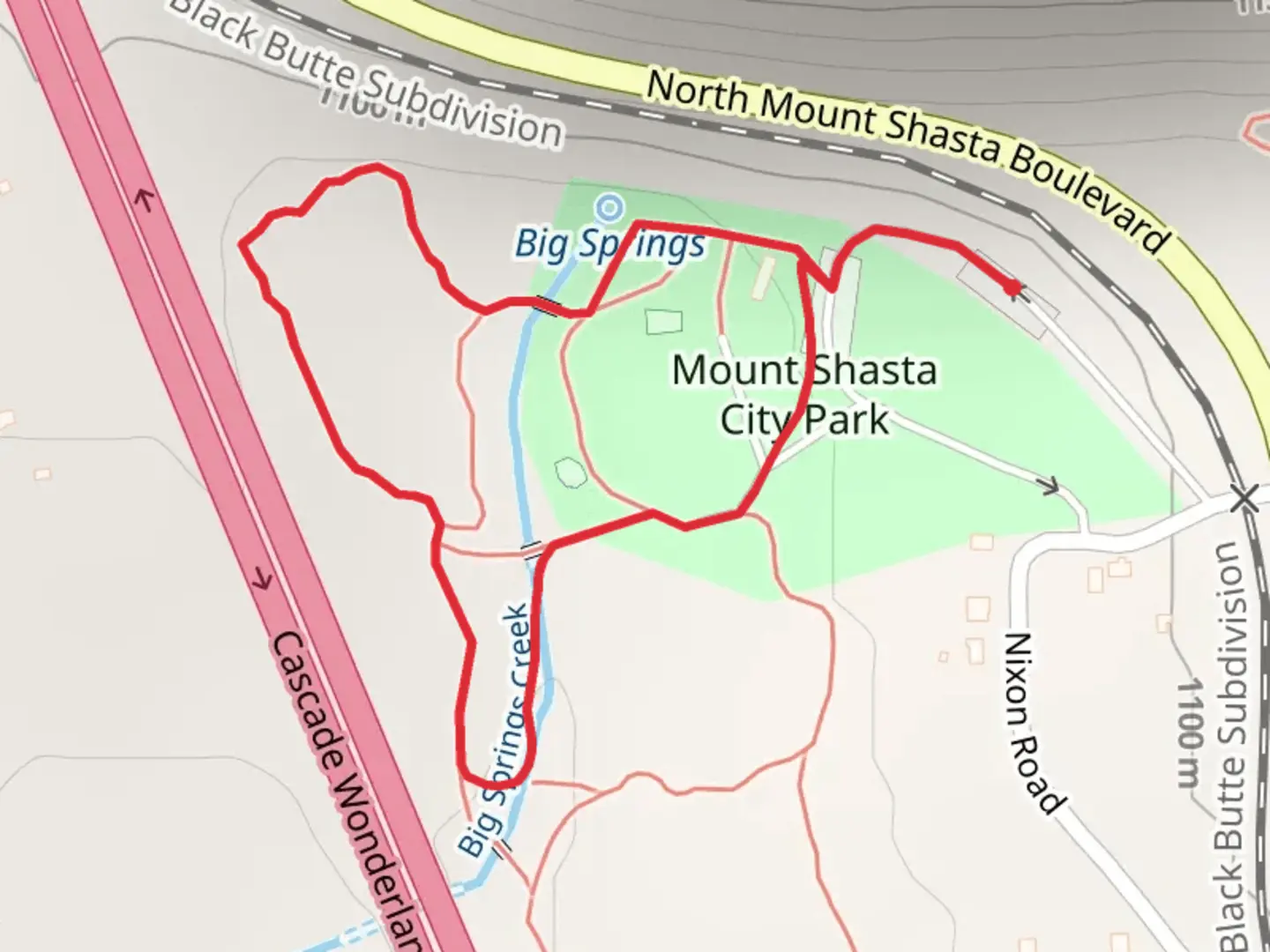 An image depicting the trail Big Springs Creek Loop and its surrounding area.