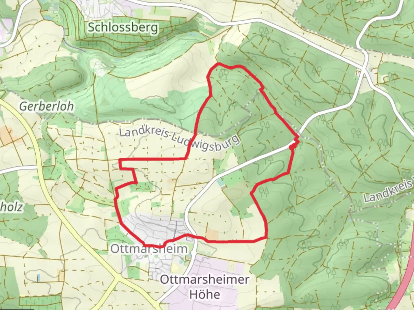 An image depicting the trail Neckarhoehen in Ottmarsheim and its surrounding area.