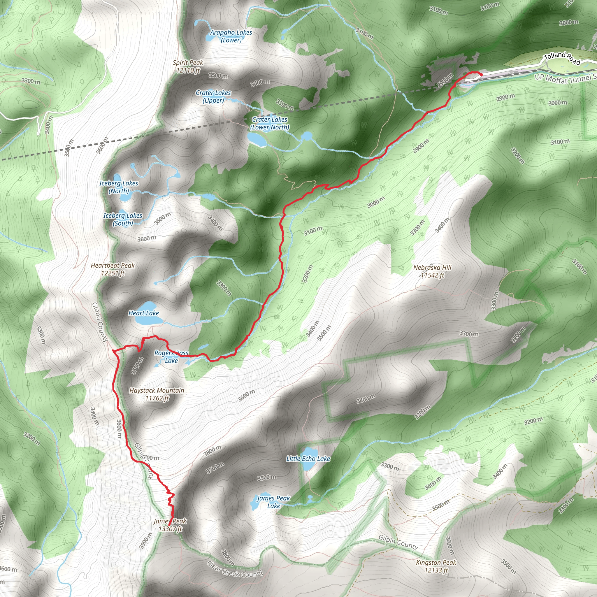 James Peak and Rogers Pass via South Boulder Creek Trail mobile static map