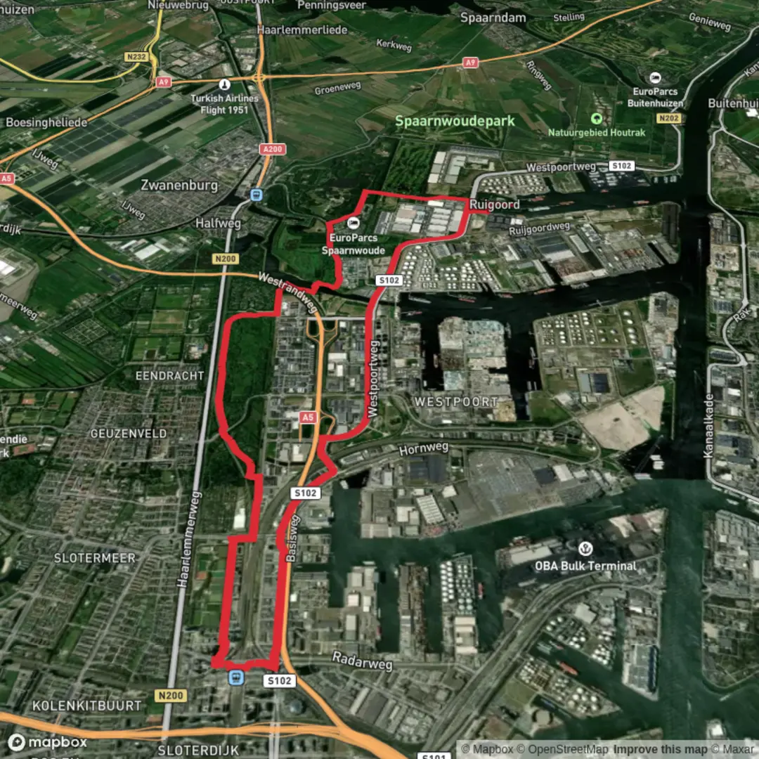 An image depicting the trail Ruigoord and Lange Bretten Loop and its surrounding area.