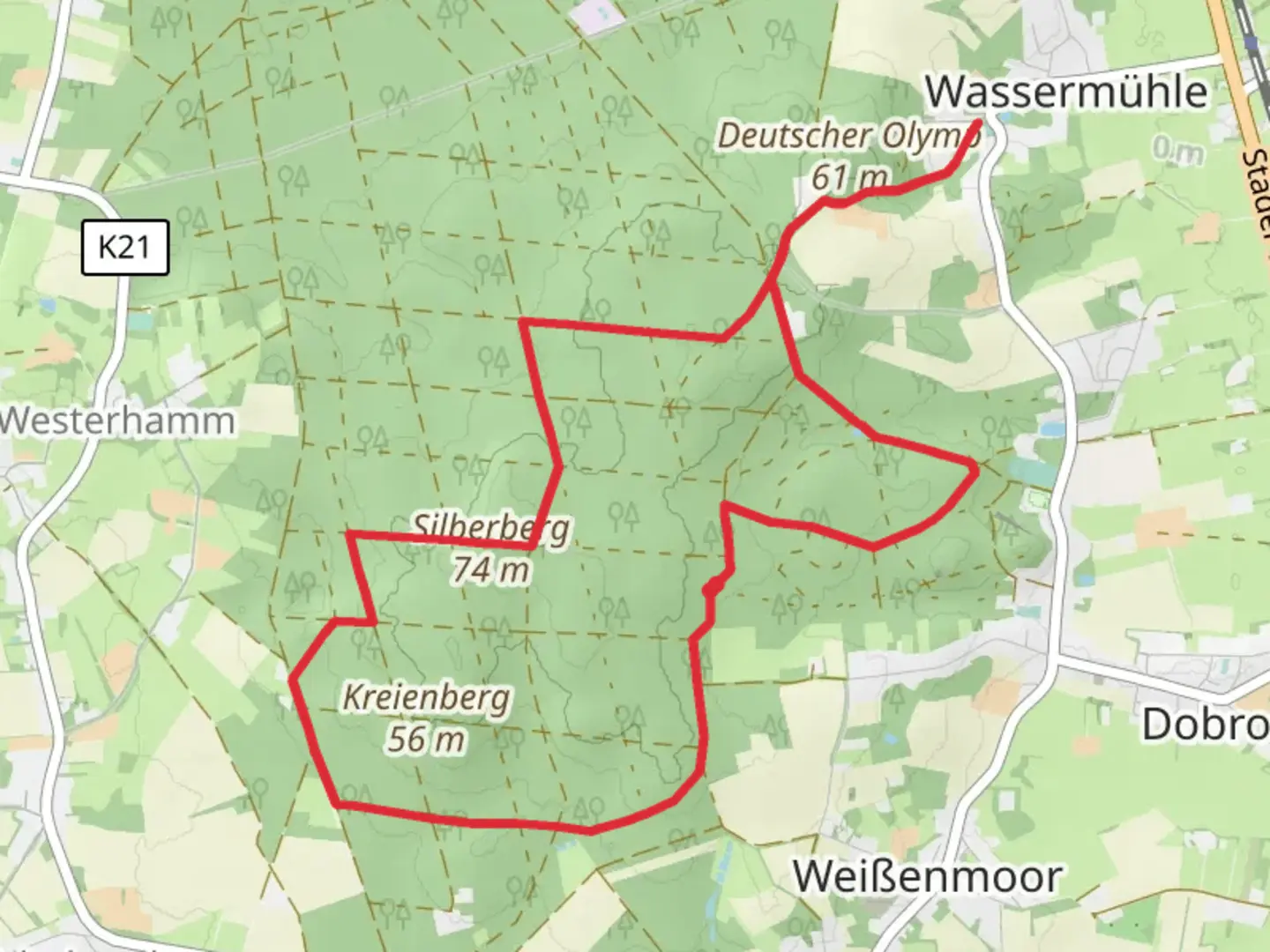 An image depicting the trail Silberberg via W4 Kraienholt and its surrounding area.