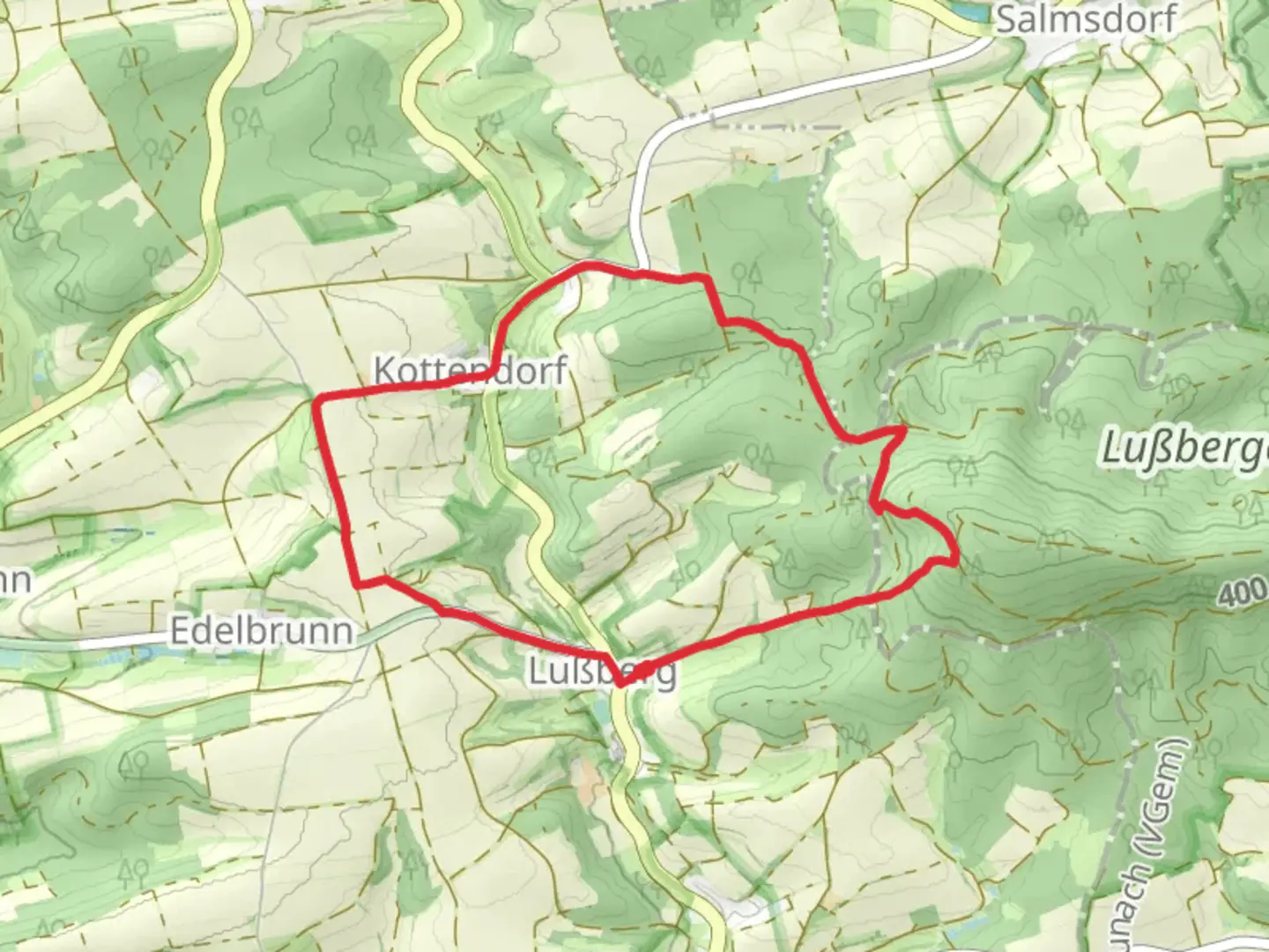 An image depicting the trail Hase Lussberg and Pfaffenritt Loop and its surrounding area.