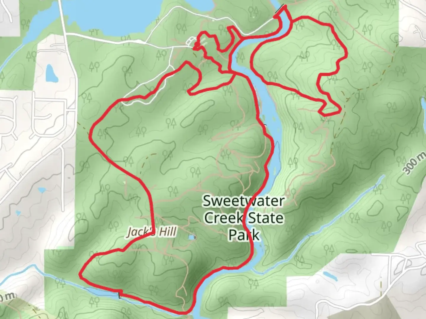 An image depicting the trail Jack's Hill and Yellow Loop Trail - Sweetwater Creek State Park and its surrounding area.
