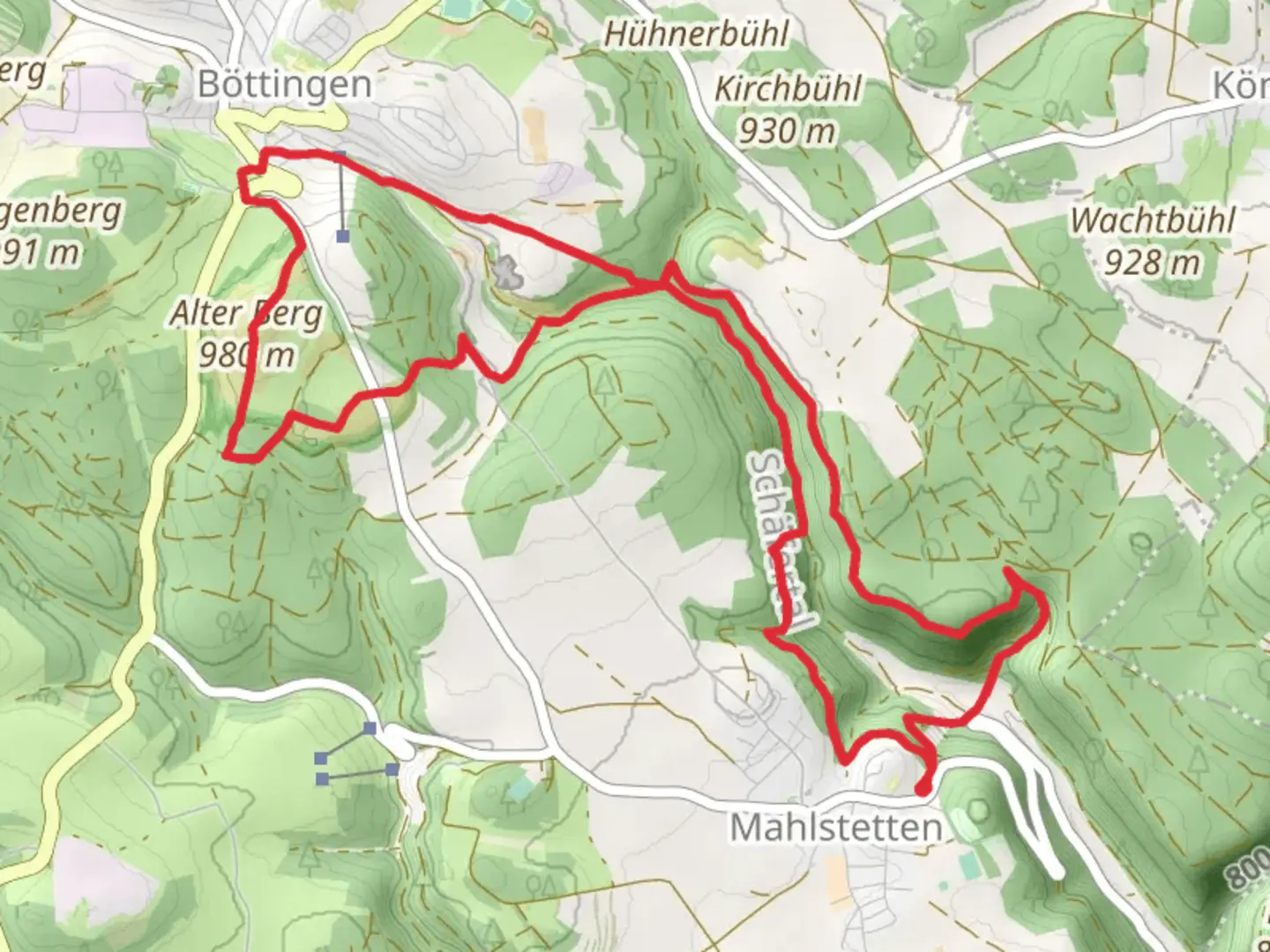 An image depicting the trail Alter Berg and Glatter Fels Loop via Donauberglandweg and its surrounding area.