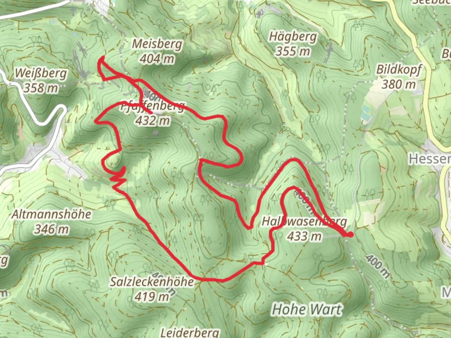An image depicting the trail Pfaffenberg via Schwarzer Keiler and its surrounding area.