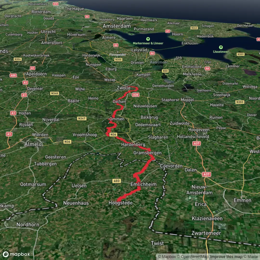 An image depicting the trail Hoogstede to Zwolle via J.C. Ketterlaan, Rheezerweg, Stuwepad and Holtenbroekerdijk and its surrounding area.