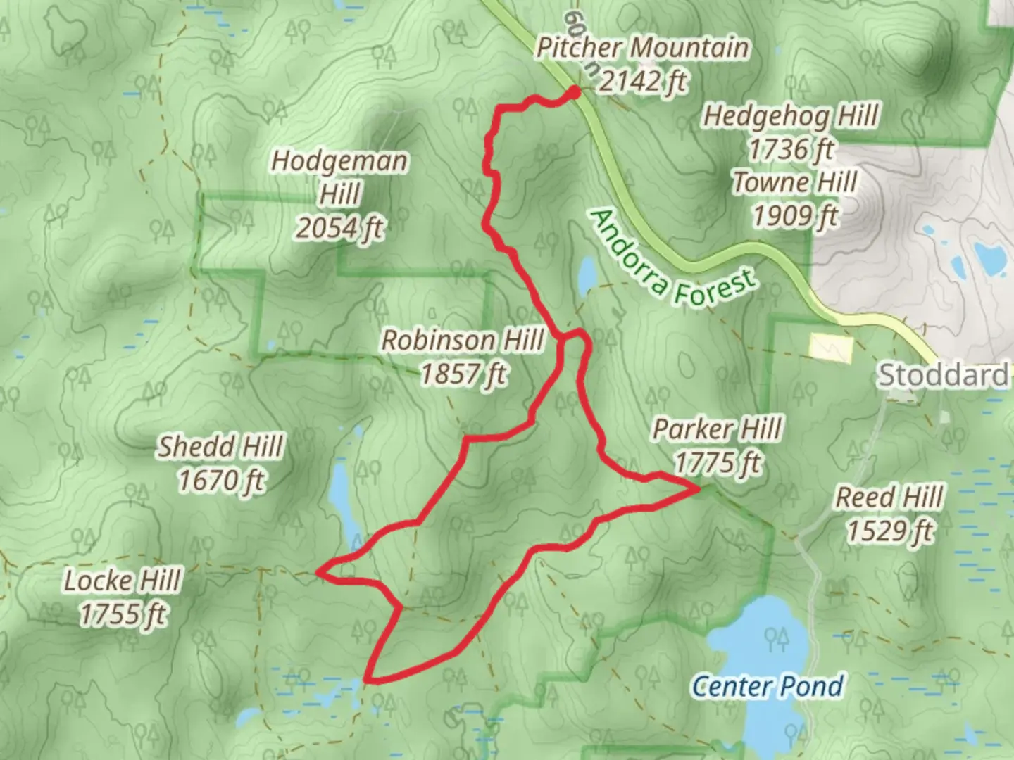 An image depicting the trail Parker Hill and Robinson Hill Loop and its surrounding area.
