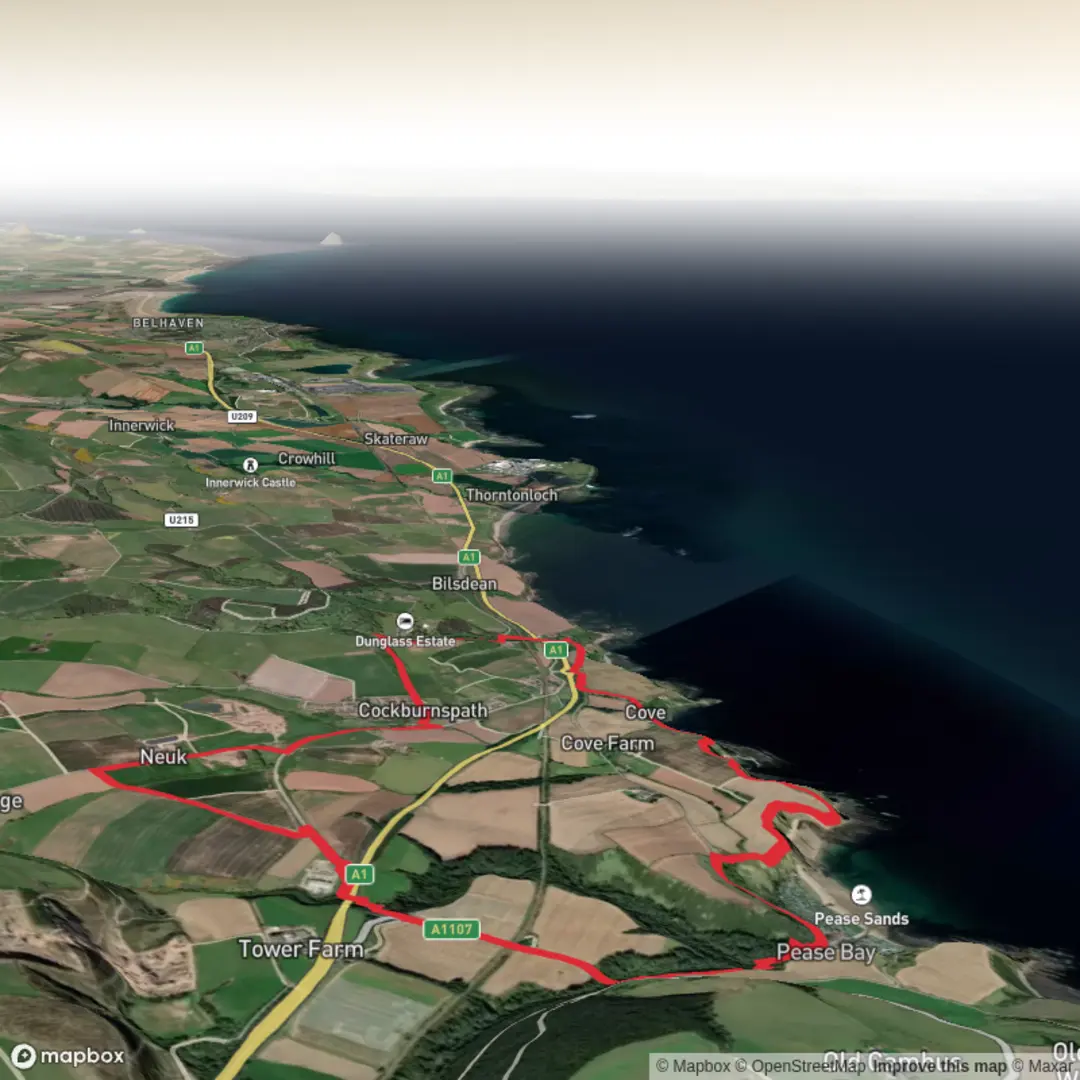 An image depicting the trail Dragging Rock, Cove Harbour and Cockburnspath Tower Loop and its surrounding area.