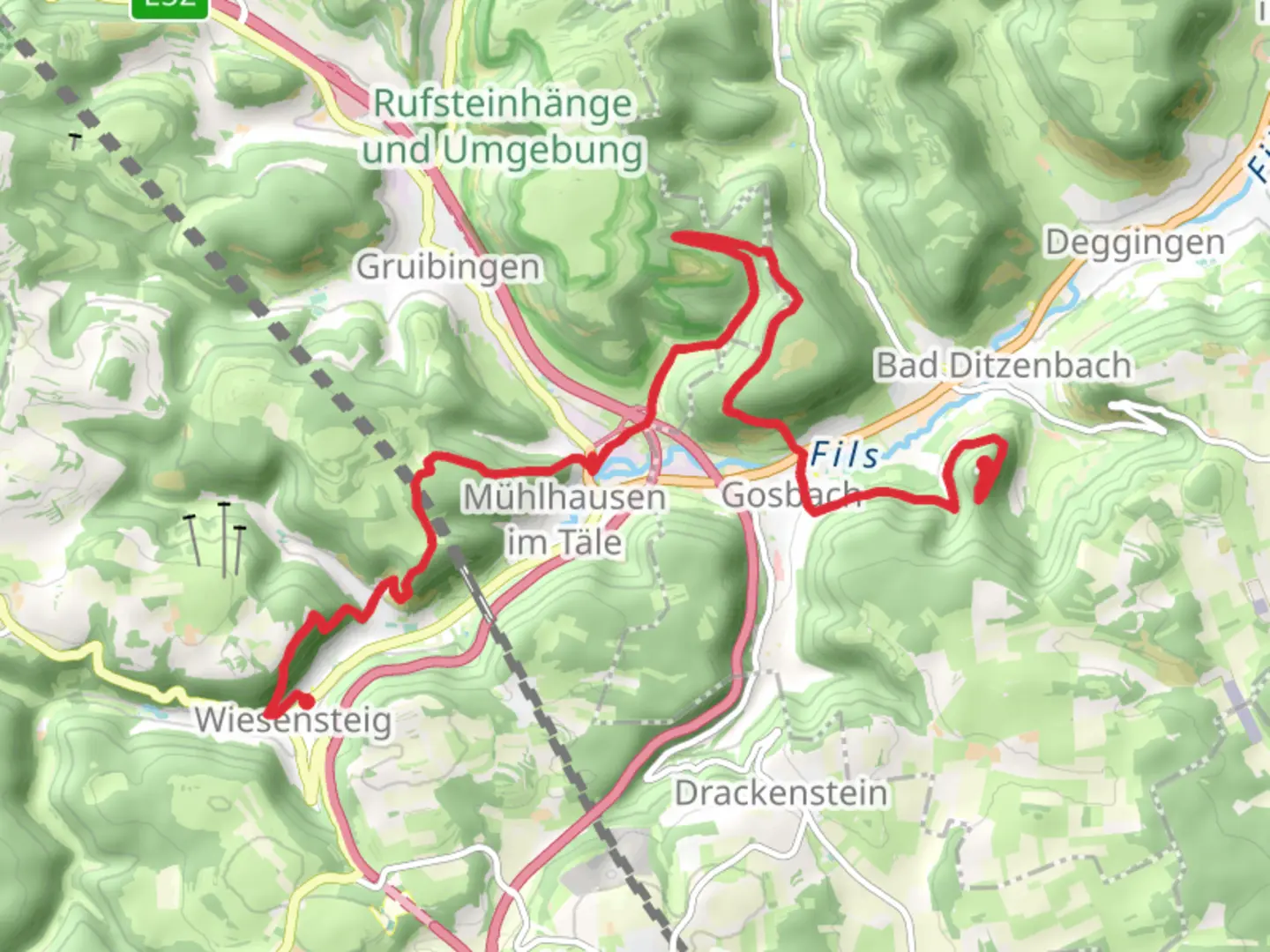 An image depicting the trail Hiltenburg to Wiesensteig Walk and its surrounding area.