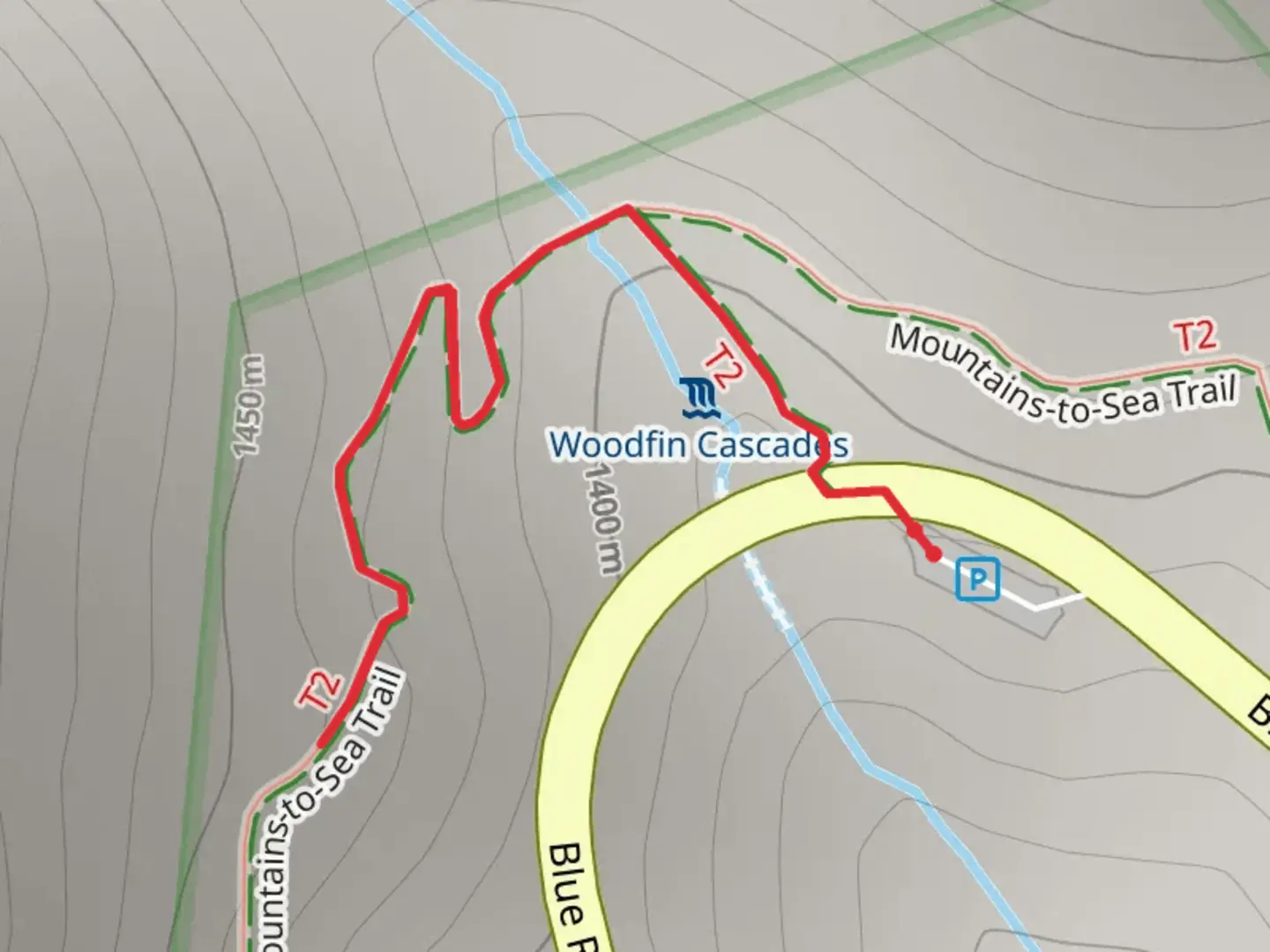 An image depicting the trail Woodfin Creek via Mountains to Sea Trail and its surrounding area.