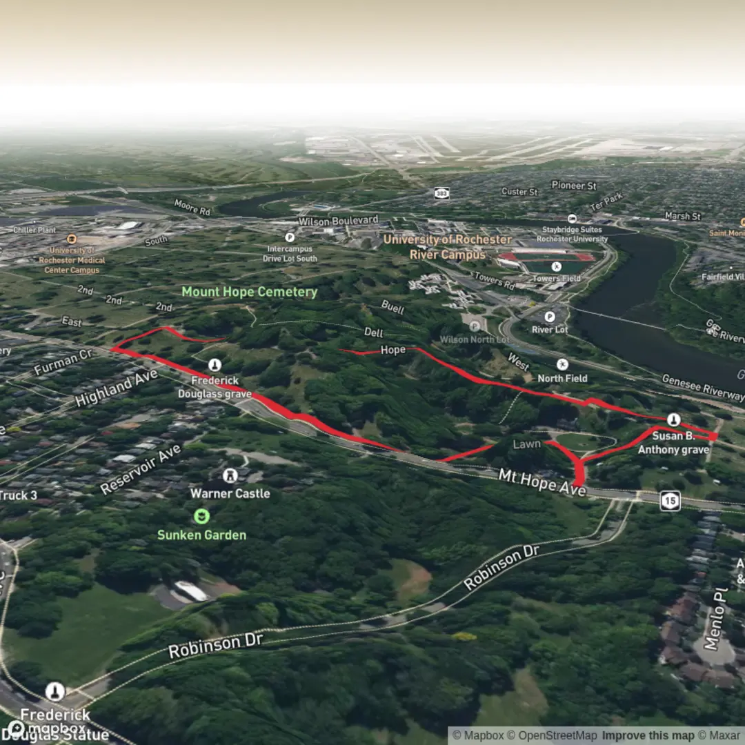 An image depicting the trail Mount Hope Cemetery Loop and its surrounding area.