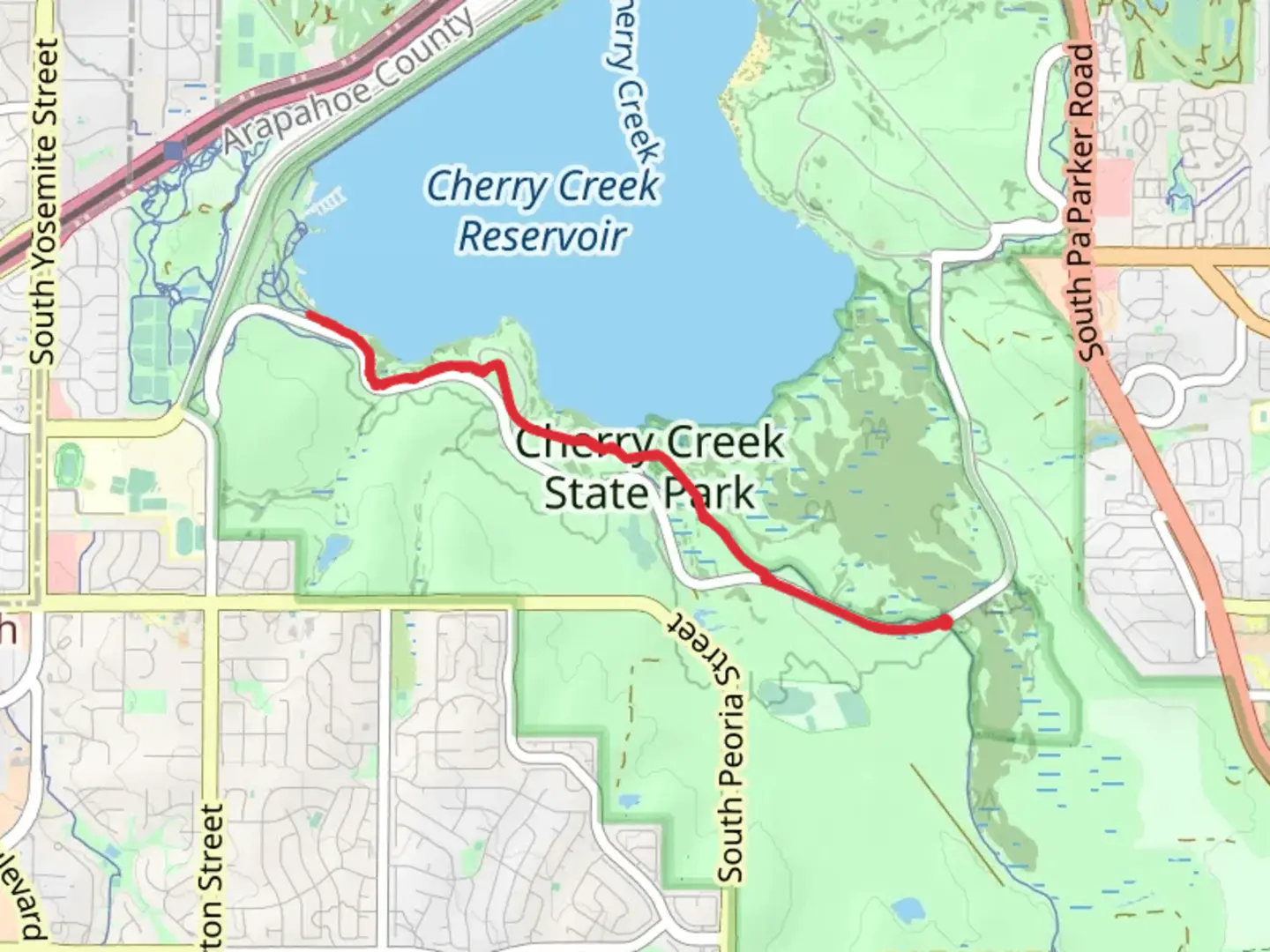 An image depicting the trail Cherry Creek and Prairie Loop Nature Trail and its surrounding area.