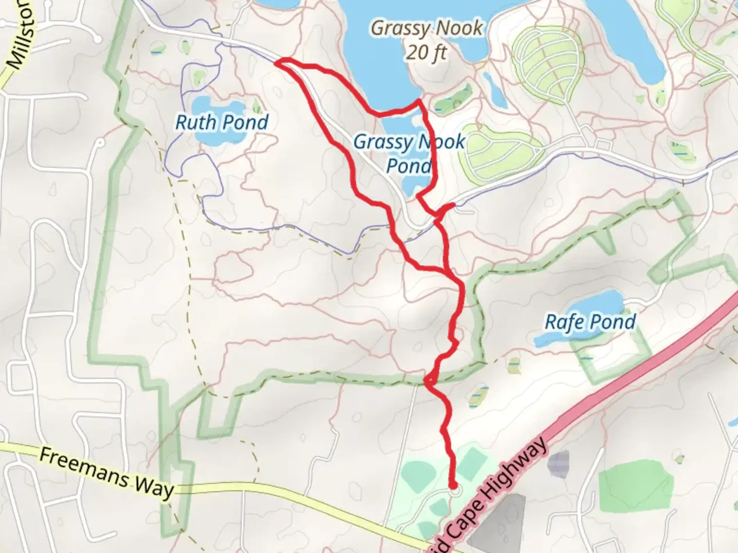 An image depicting the trail Grassy Nook Pond and Deer Park Trail Loop and its surrounding area.
