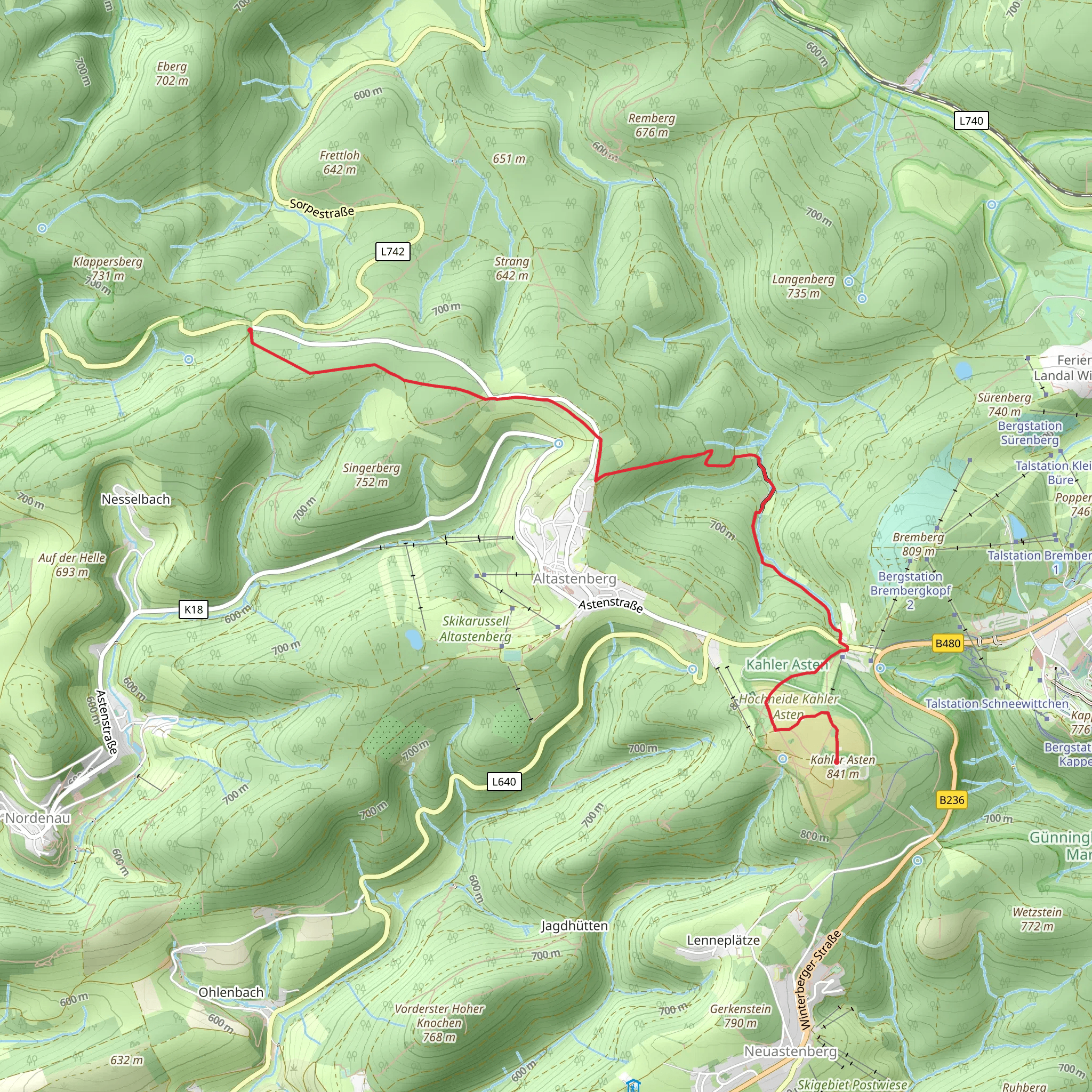 Kahler Asten to Großes Bildchen via Astenweg and Rothaarweg mobile static map
