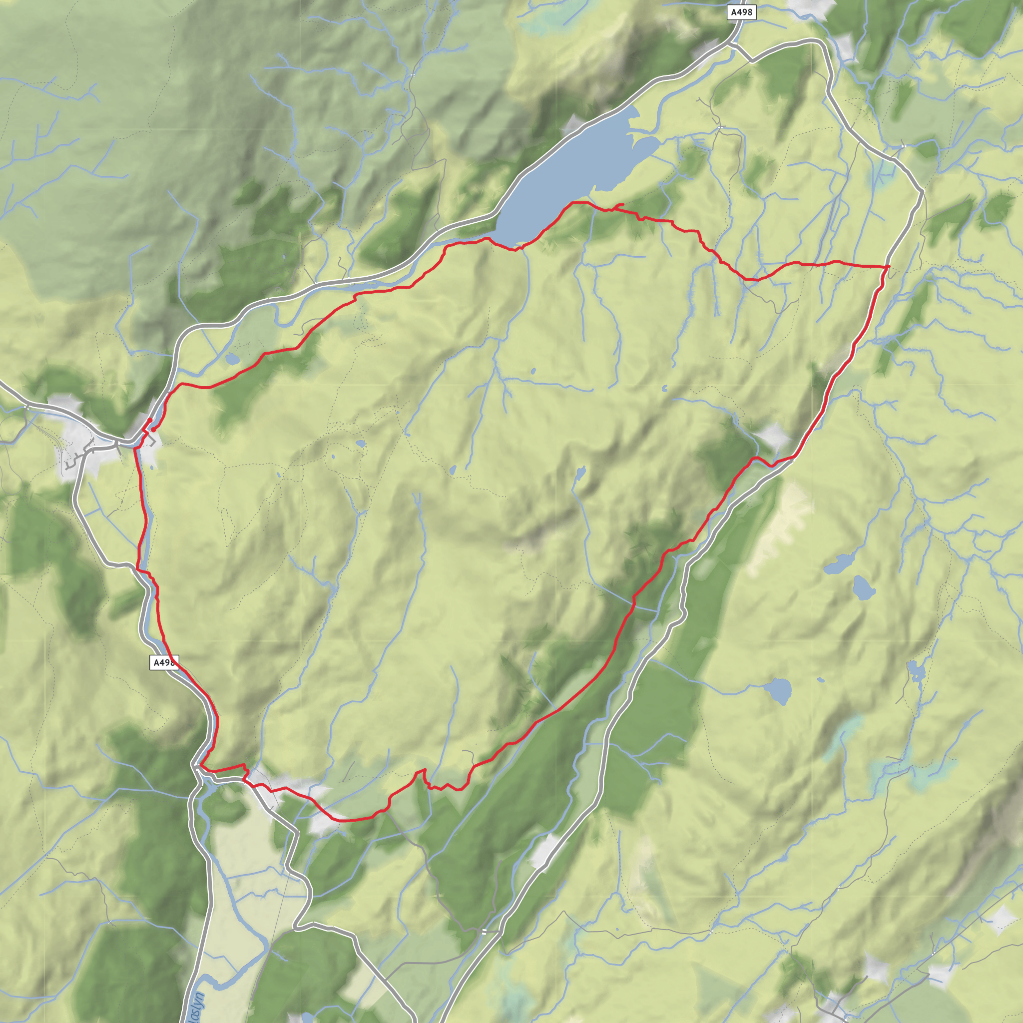 Circular route from Beddgelert via Nantmore Valley, Llyndy Bothy and Llyn Dinas Lake mobile static map