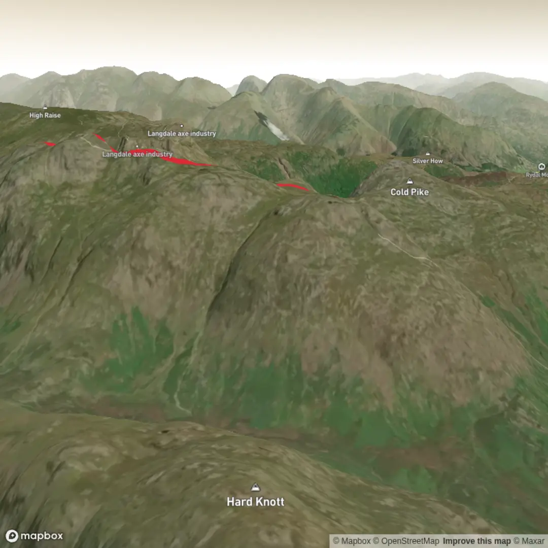 An image depicting the trail Brown Howe, Great Knott and Crinkle Crags Loop and its surrounding area.