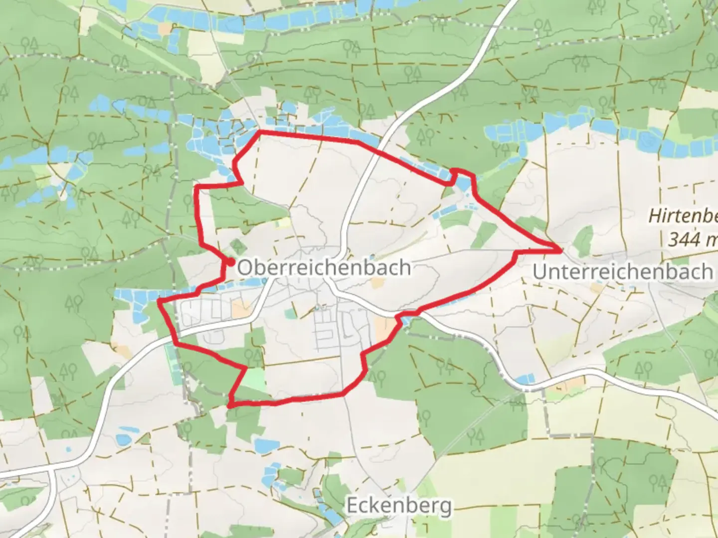 An image depicting the trail Erlesbachteiche via Hirtengrund Runde and its surrounding area.