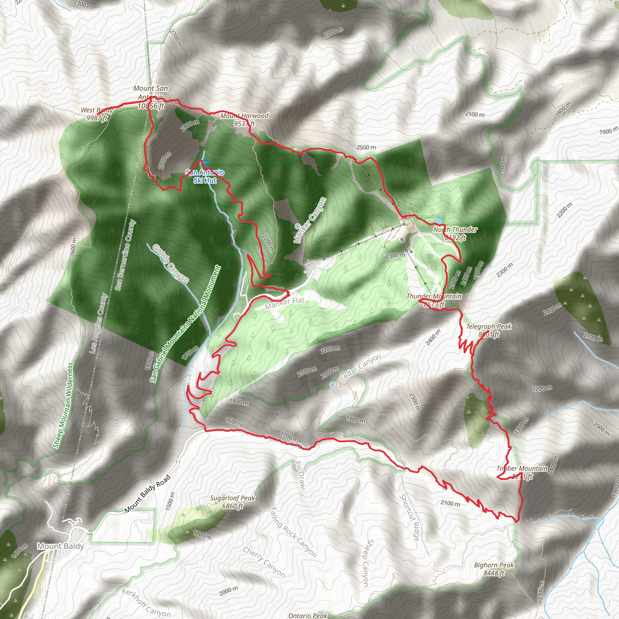 Timber Mountain Trail, Telegraph Peak and West Baldy Loop mobile static map