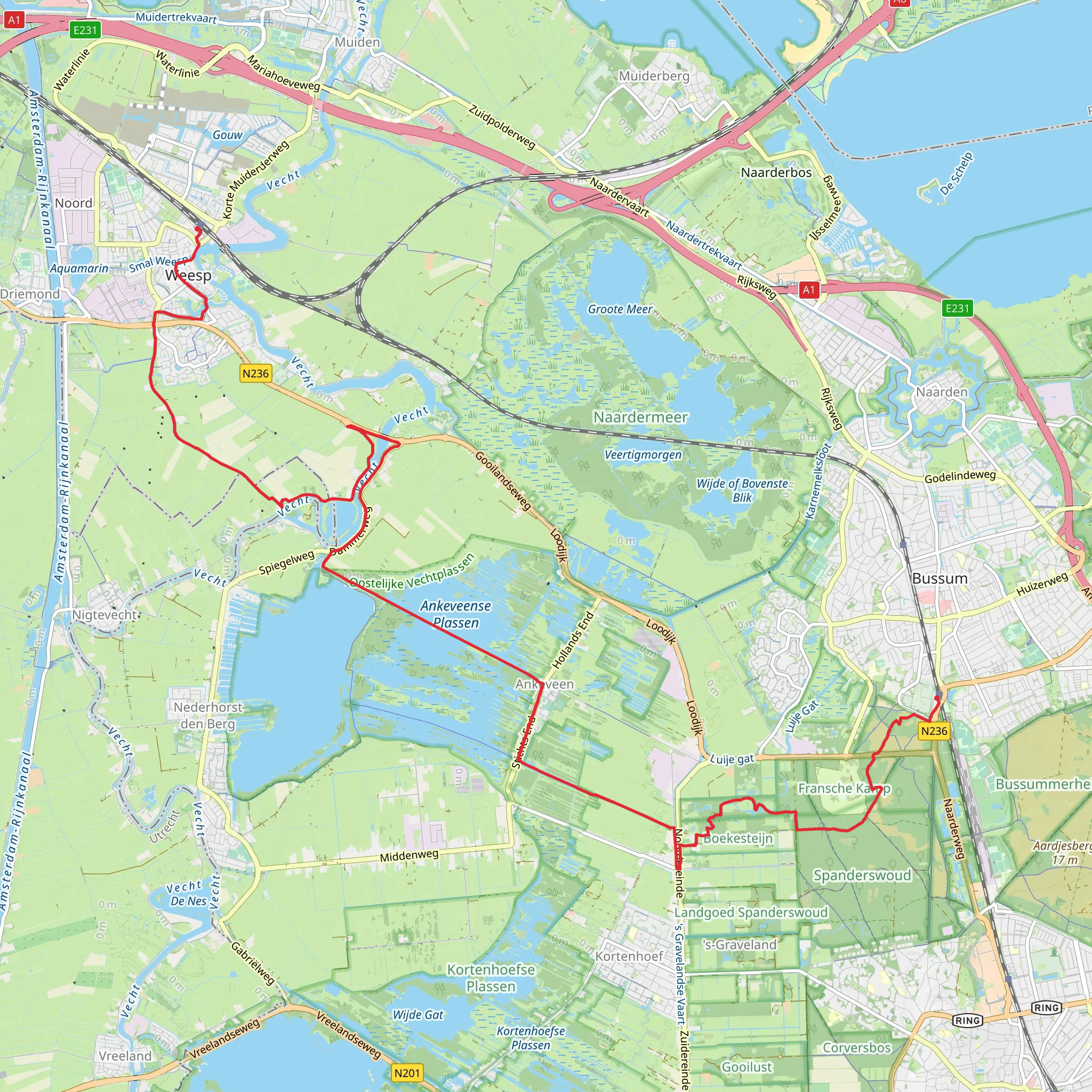 Weesp to Bussum Zuid via Trekvogelpad mobile static map